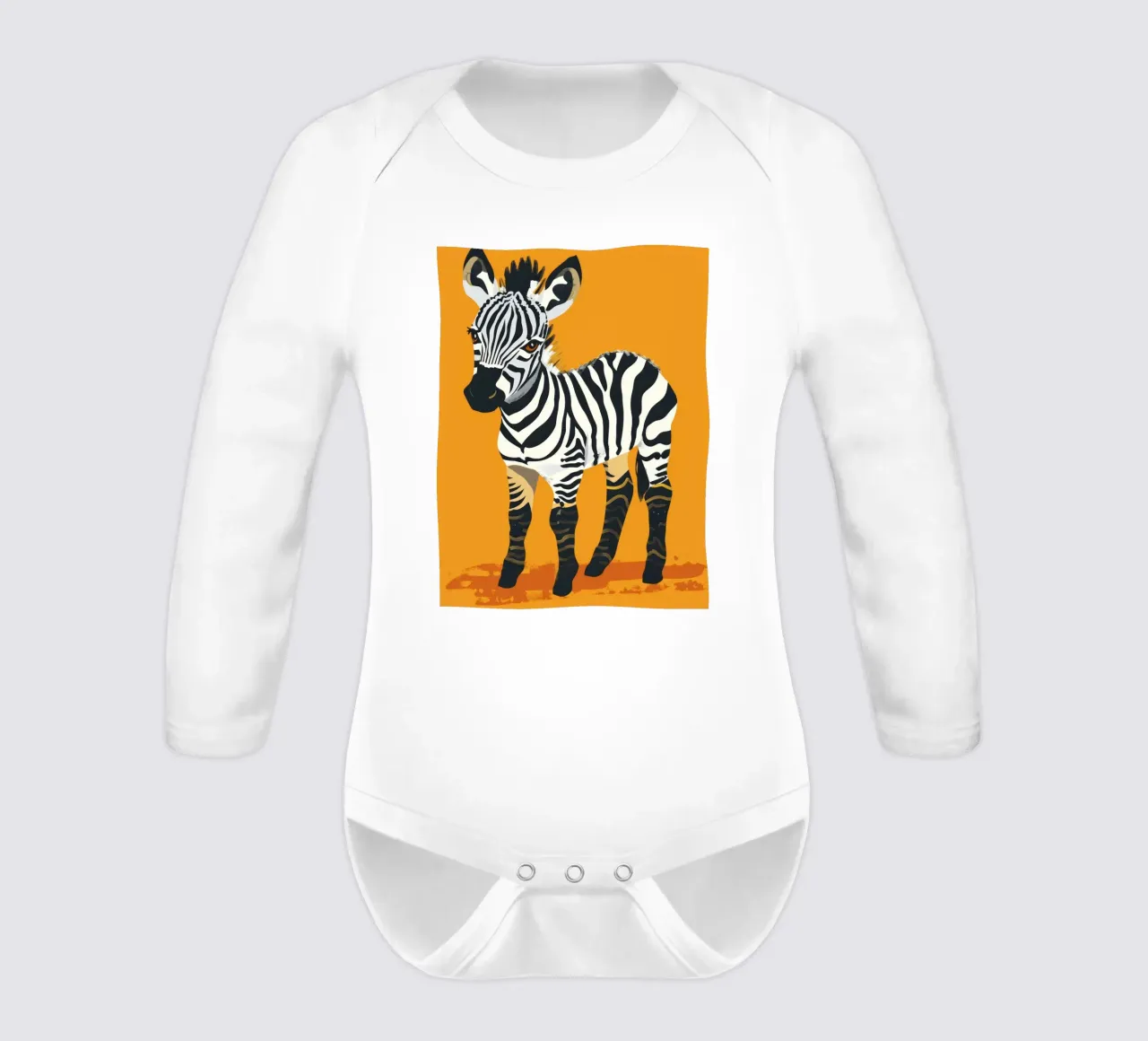 Cute zebra foal standing against a bright orange background long-sleeve baby romper by DesignDoodle