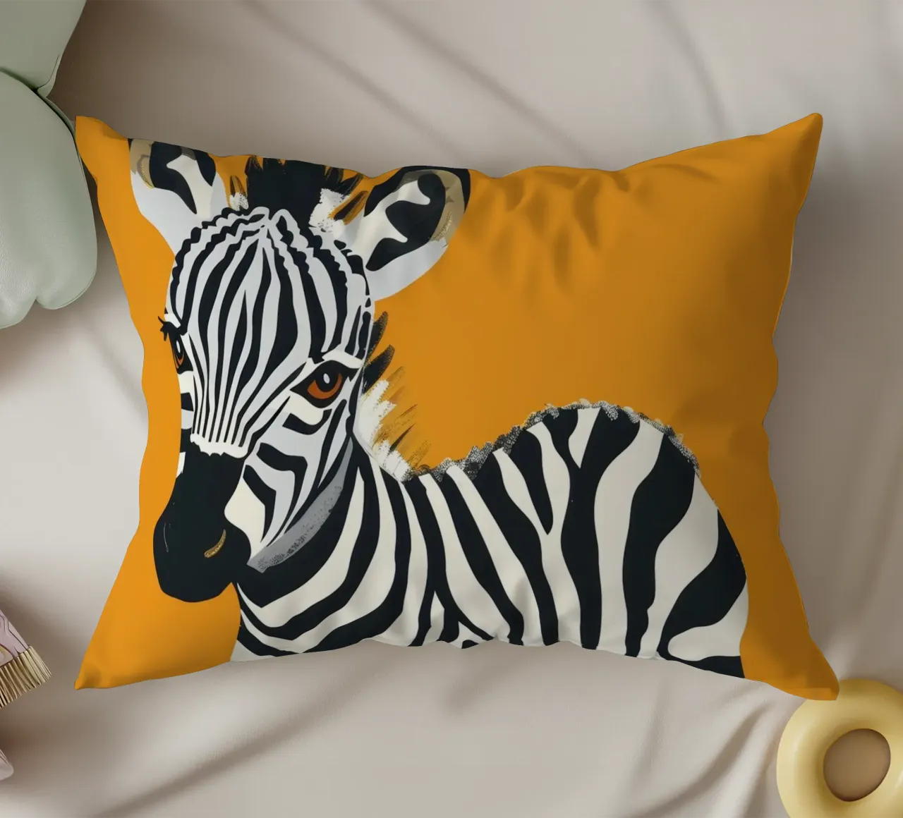 Puledro zebra carino in piedi su uno sfondo arancione brillante cuscino da DesignDoodle