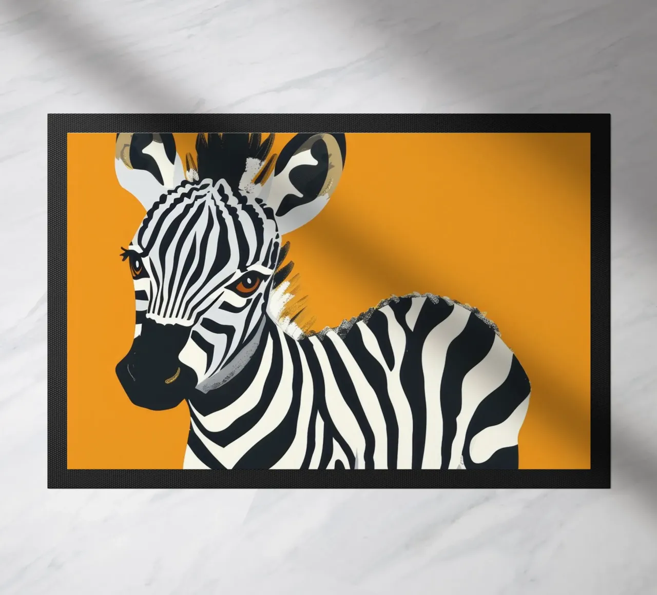 Puledro zebra carino in piedi su uno sfondo arancione brillante zerbino da DesignDoodle