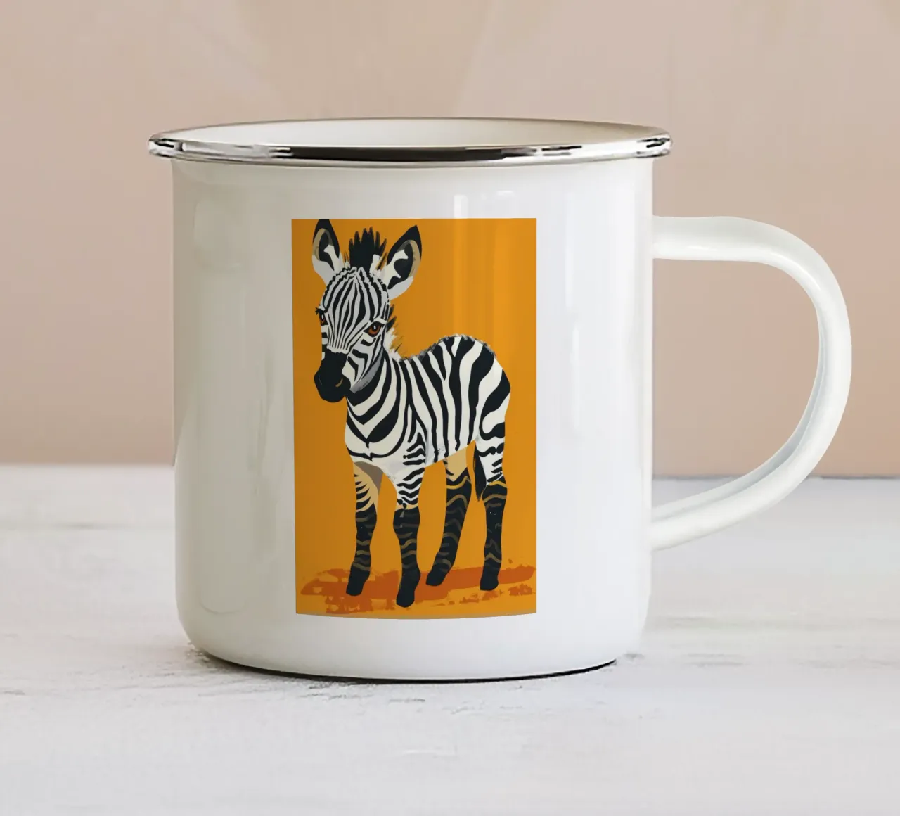 Puledro zebra carino in piedi su uno sfondo arancione brillante tazza in smalto da DesignDoodle