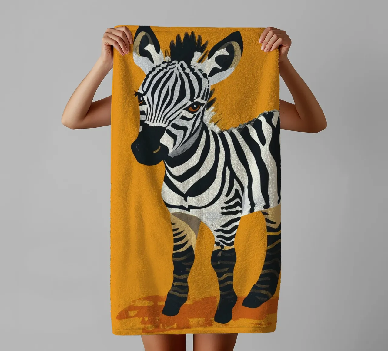 Puledro zebra carino in piedi su uno sfondo arancione brillante asciugamano da bagno da DesignDoodle