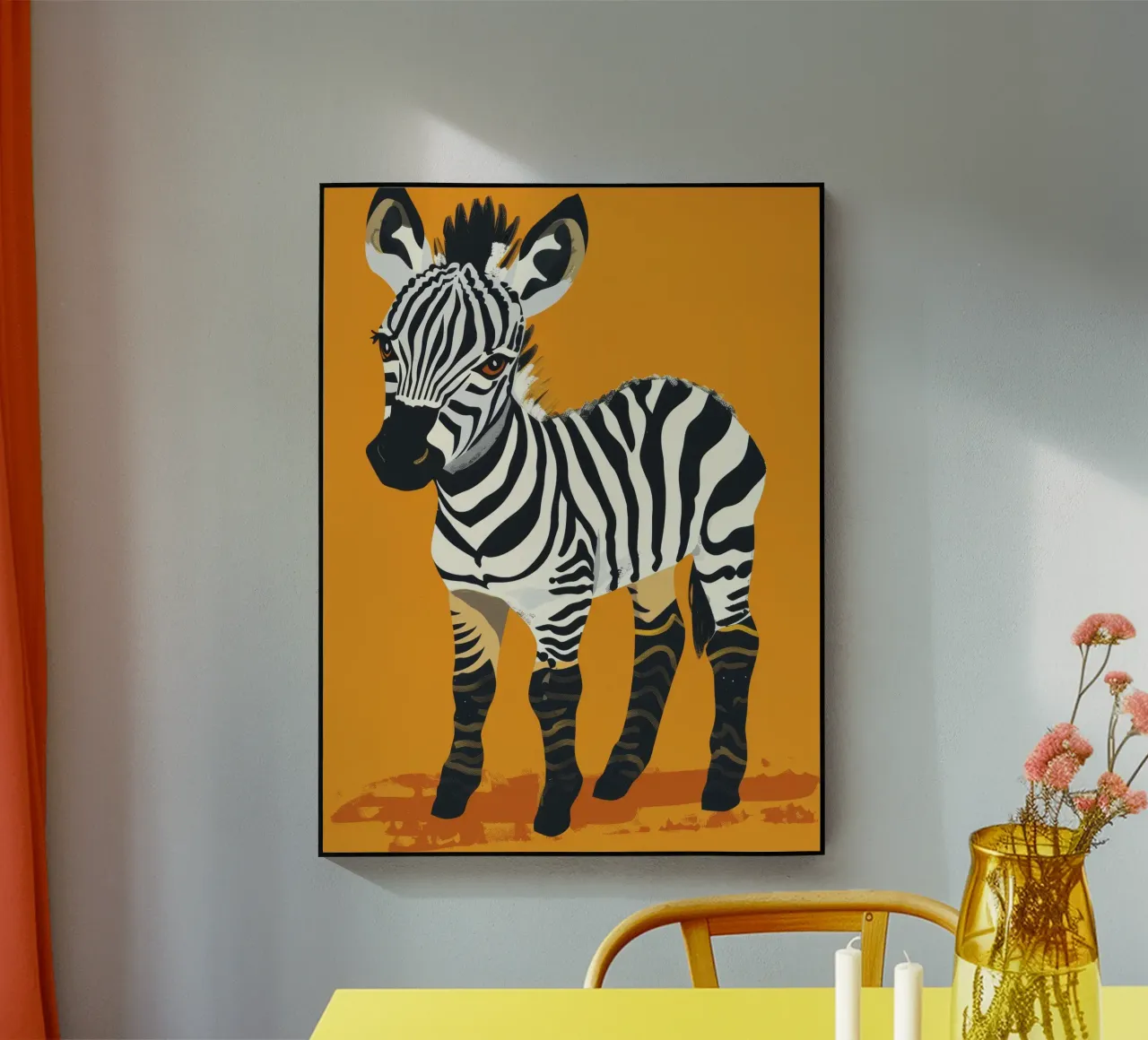 Puledro zebra carino in piedi su uno sfondo arancione brillante plexiglass da DesignDoodle
