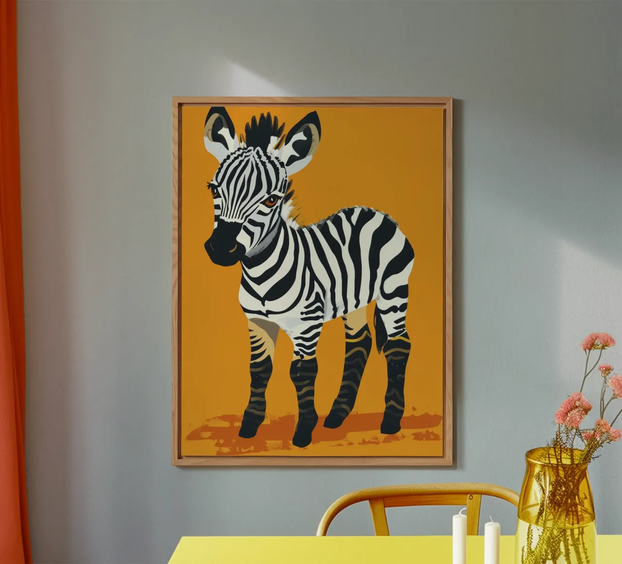 Puledro zebra carino in piedi su uno sfondo arancione brillante alluminio dibond da DesignDoodle