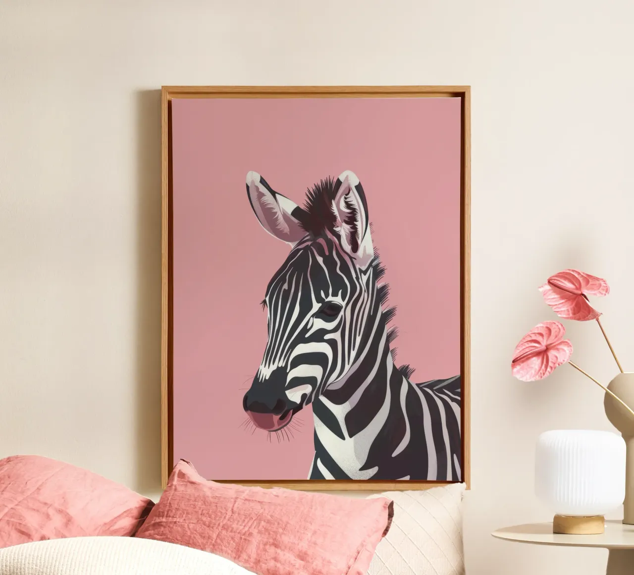 zebra head against a pink background canvas with Floater frame by DesignDoodle