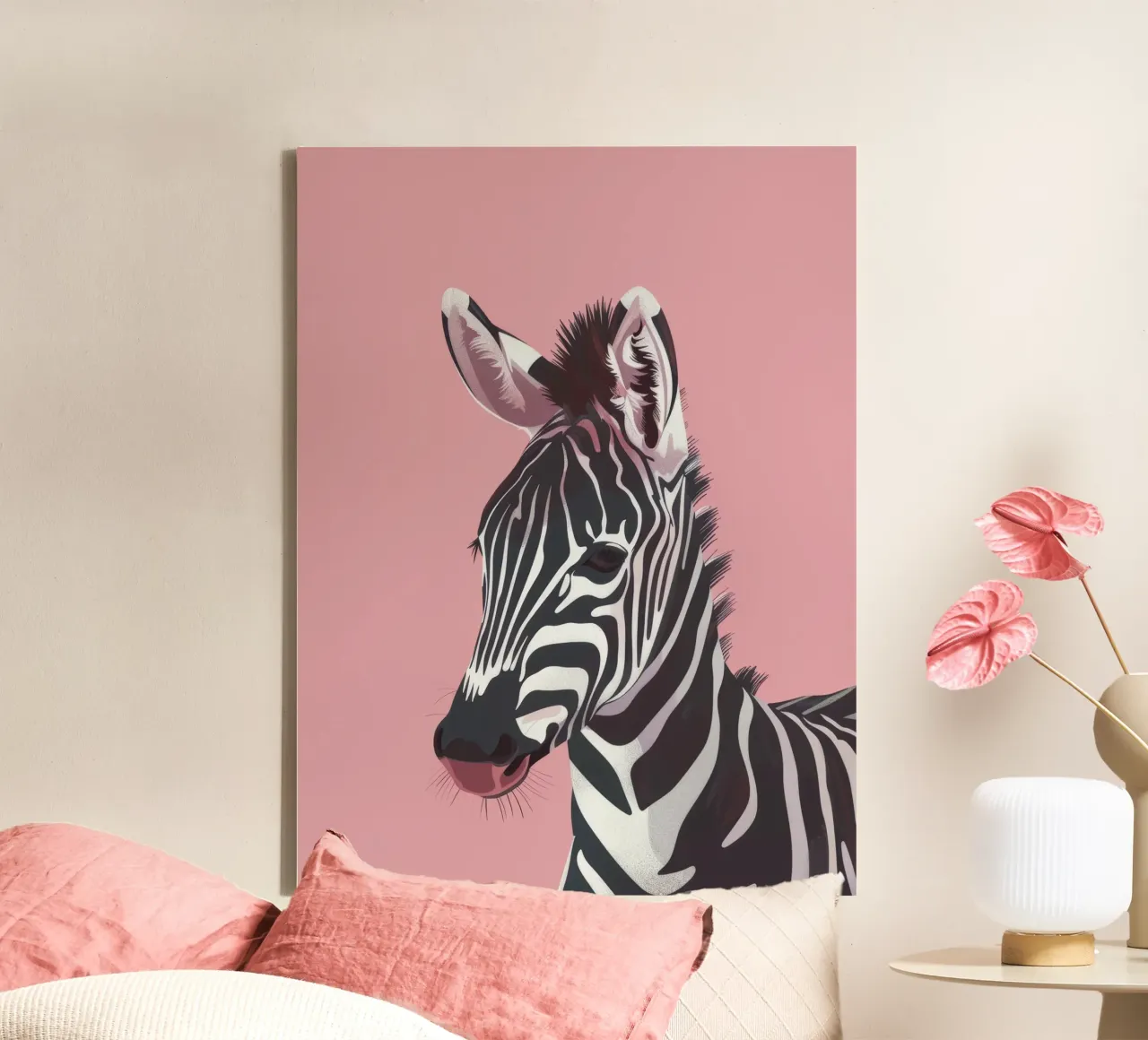 zebra head against a pink background canvas with Floater frame by DesignDoodle