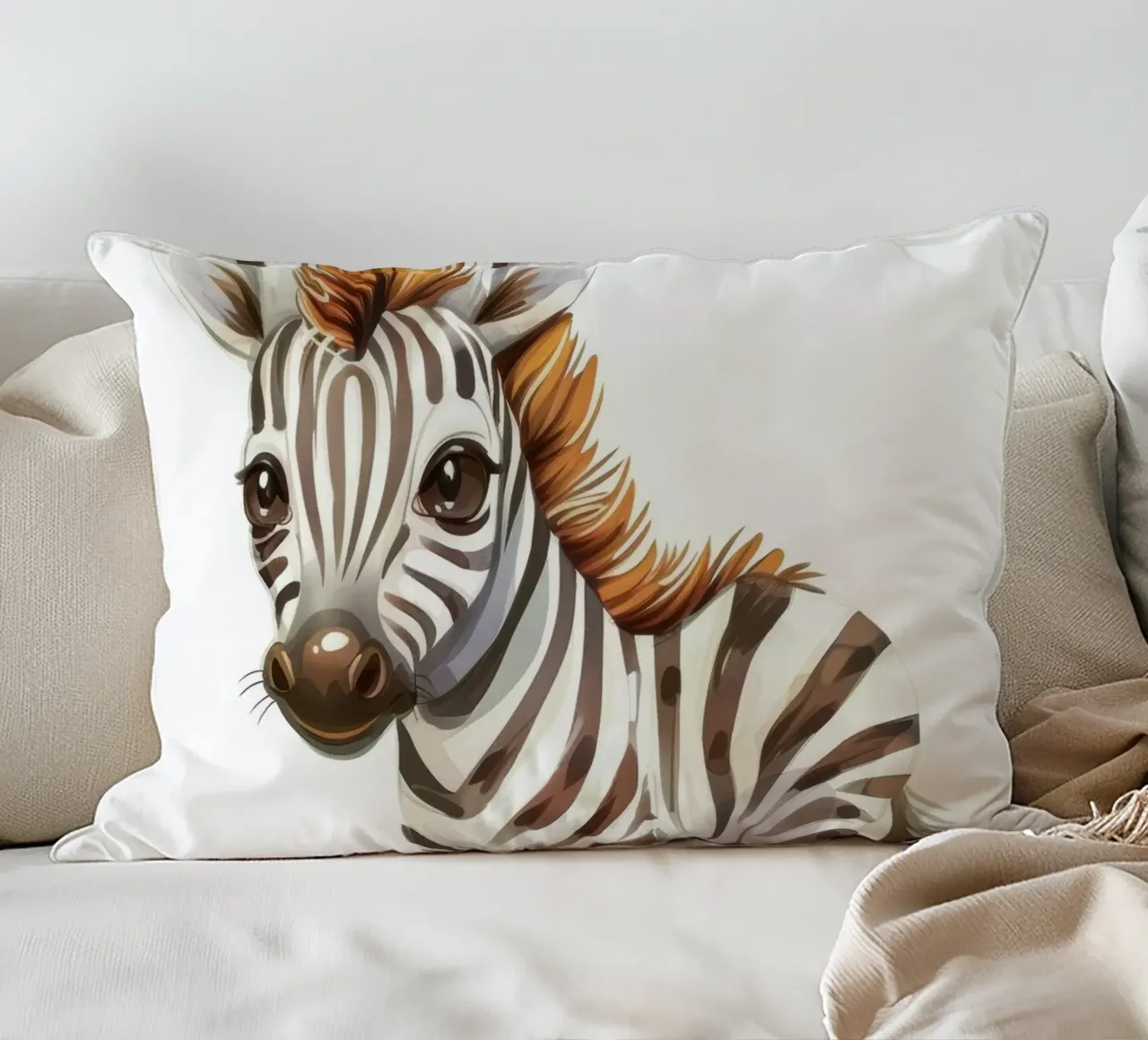 Carino il cucciolo di zebra in piedi sul terreno sabbioso con la criniera corta cuscino da DesignDoodle