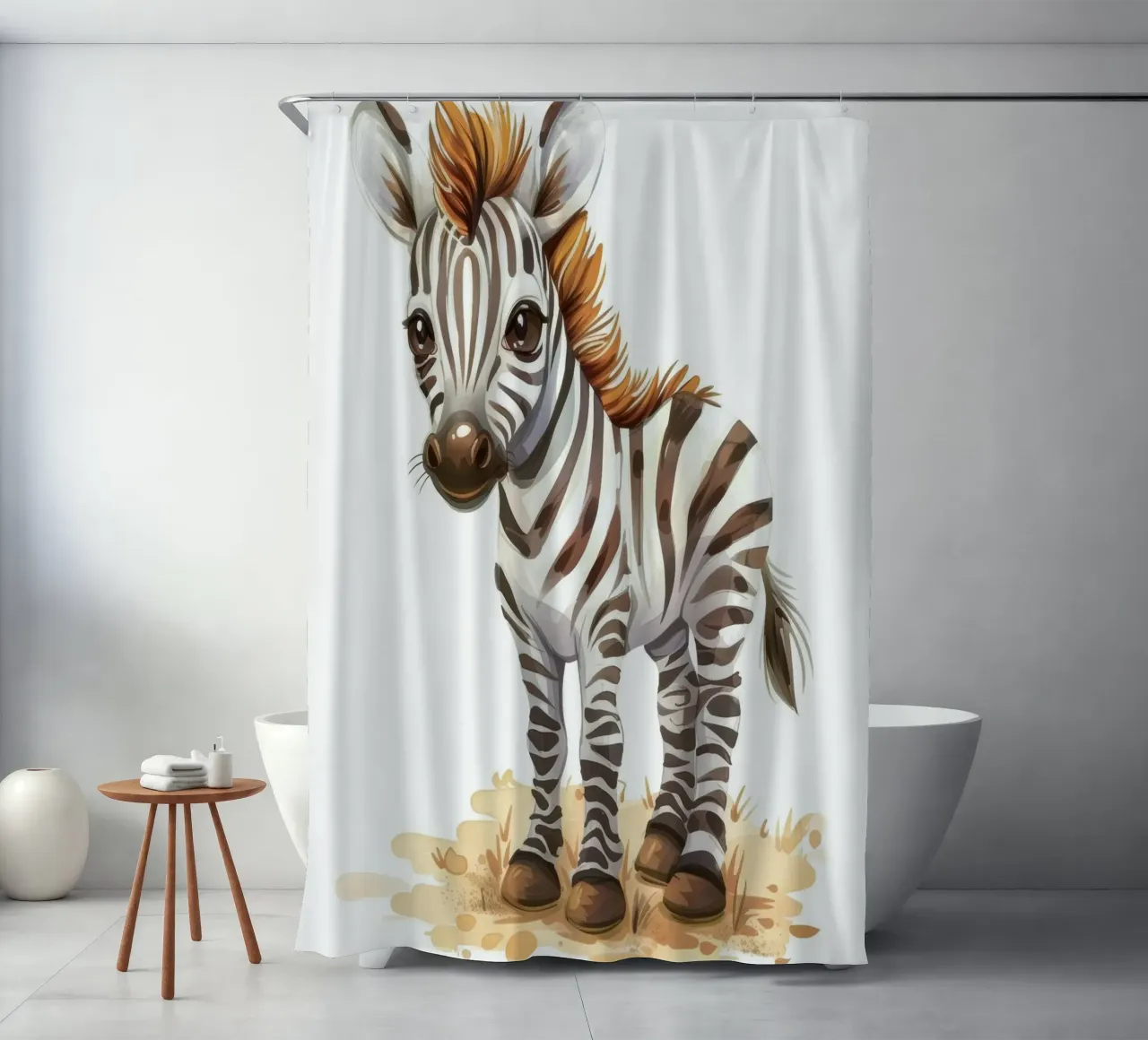 Carino il cucciolo di zebra in piedi sul terreno sabbioso con la criniera corta tenda da doccia da DesignDoodle