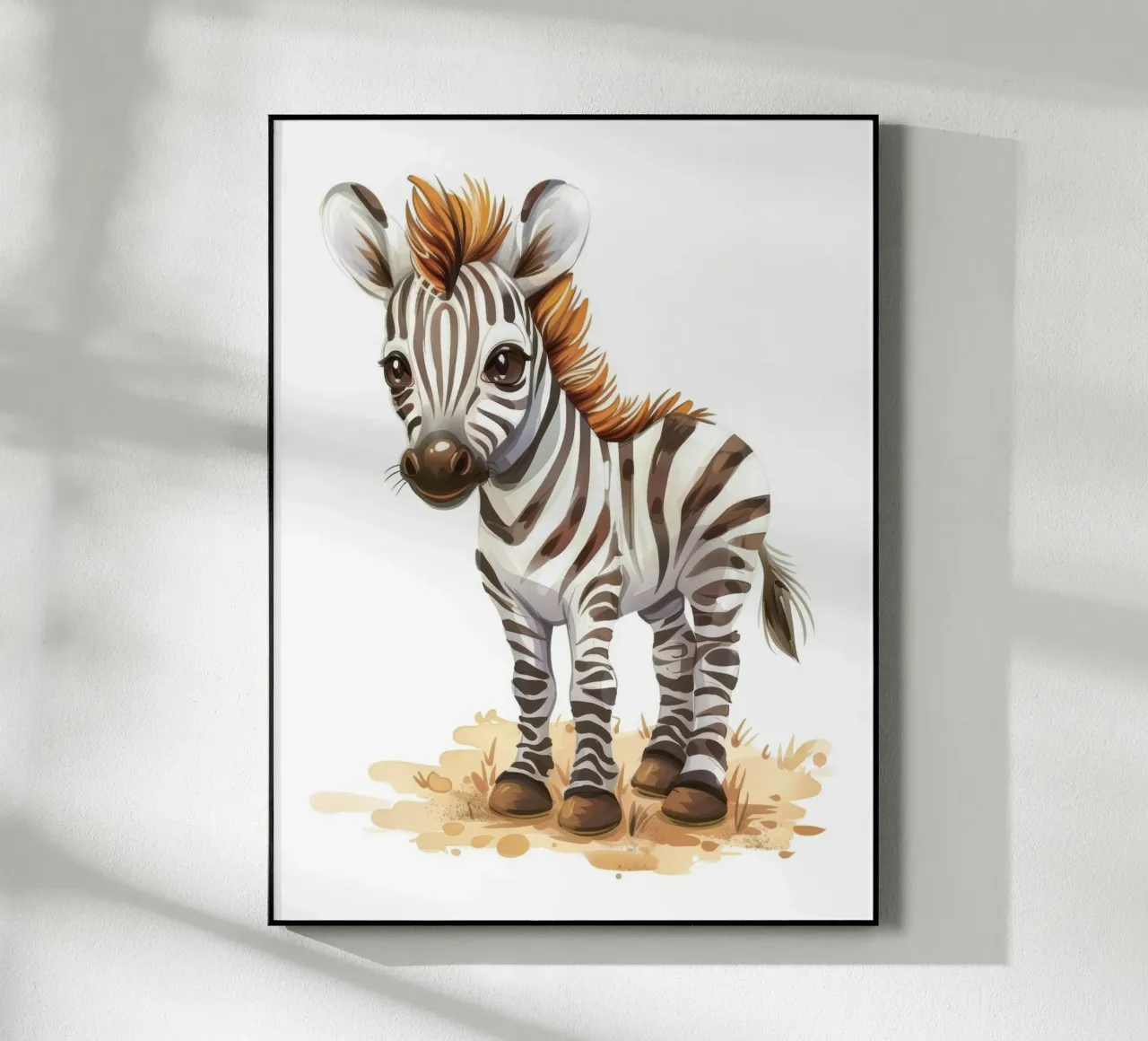Carino il cucciolo di zebra in piedi sul terreno sabbioso con la criniera corta plexiglass da DesignDoodle