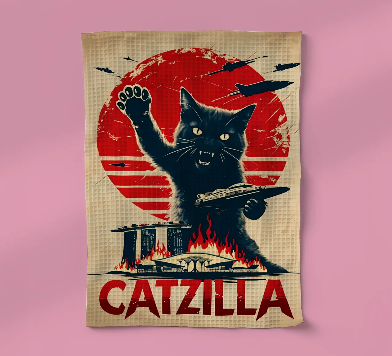 Catzilla vintage poster tea towel by 🥝 KIWI STORE
