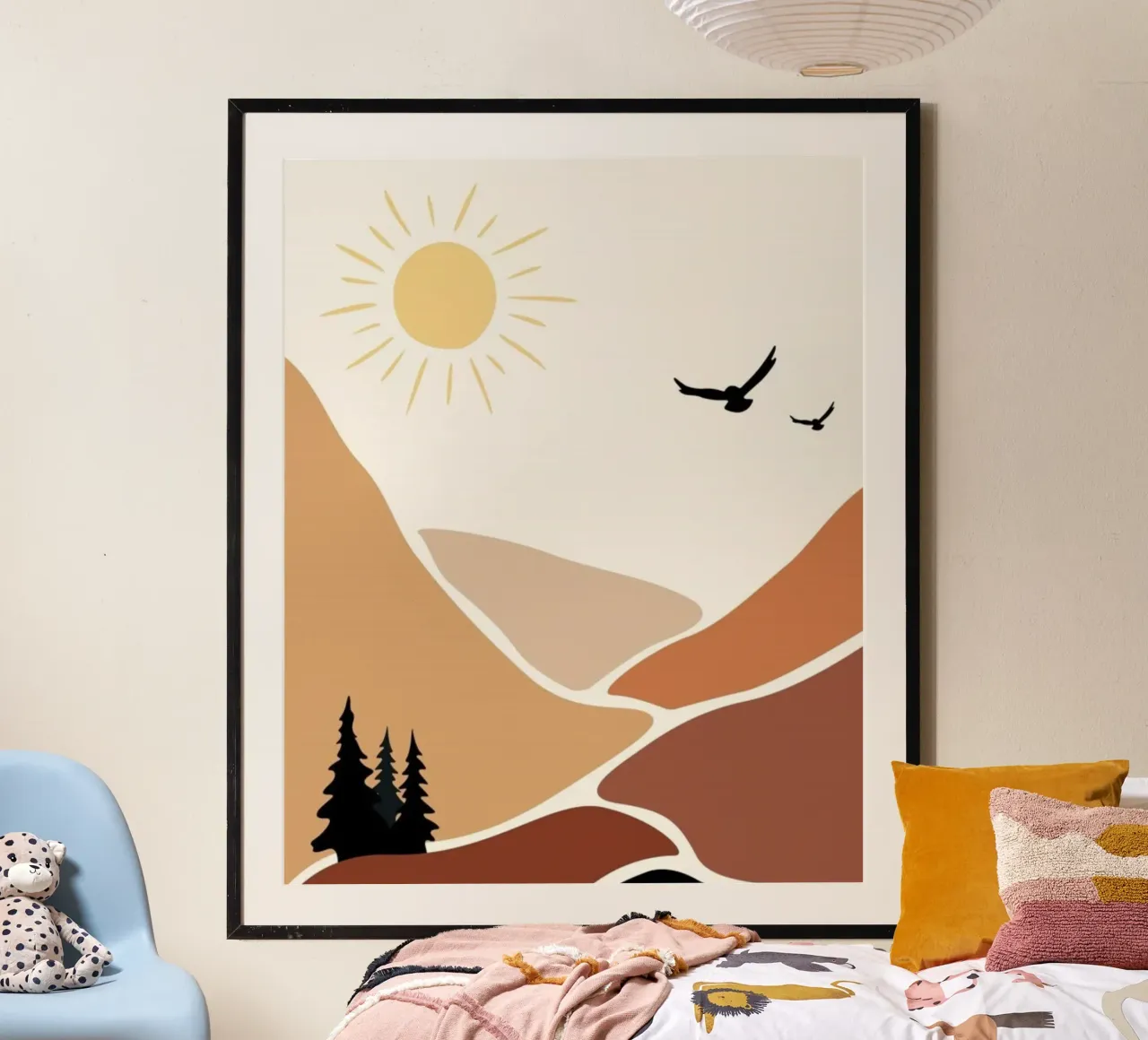 mountains birds trees poster avec cadre en bois de twillight