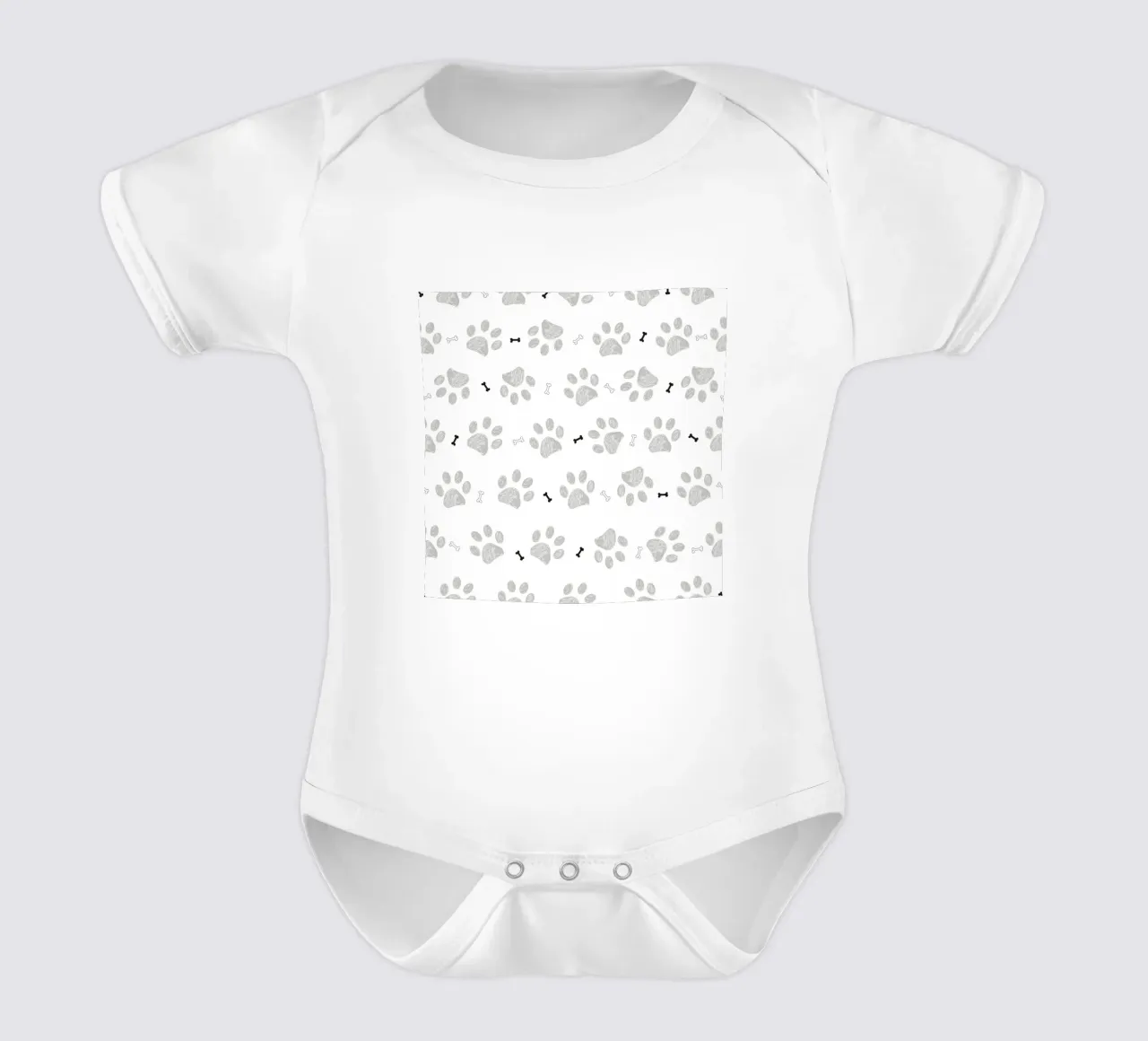 Grey doodle paw prints with bones pattern short-sleeve baby romper by gulsengunel