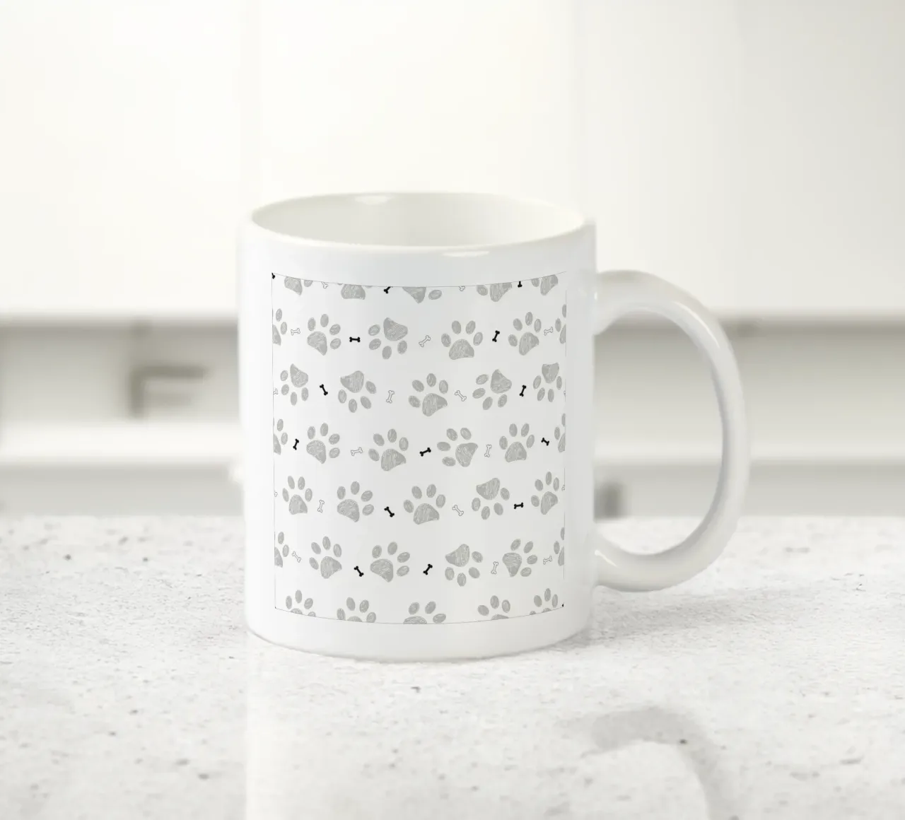 Grey doodle paw prints with bones pattern ceramic mug by gulsengunel