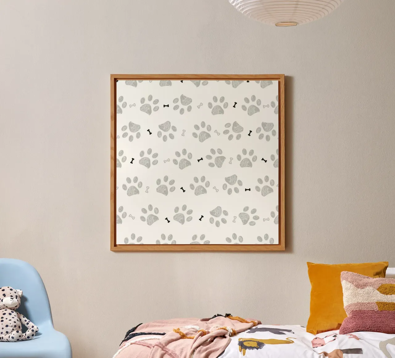Grey doodle paw prints with bones pattern alu-dibond by gulsengunel
