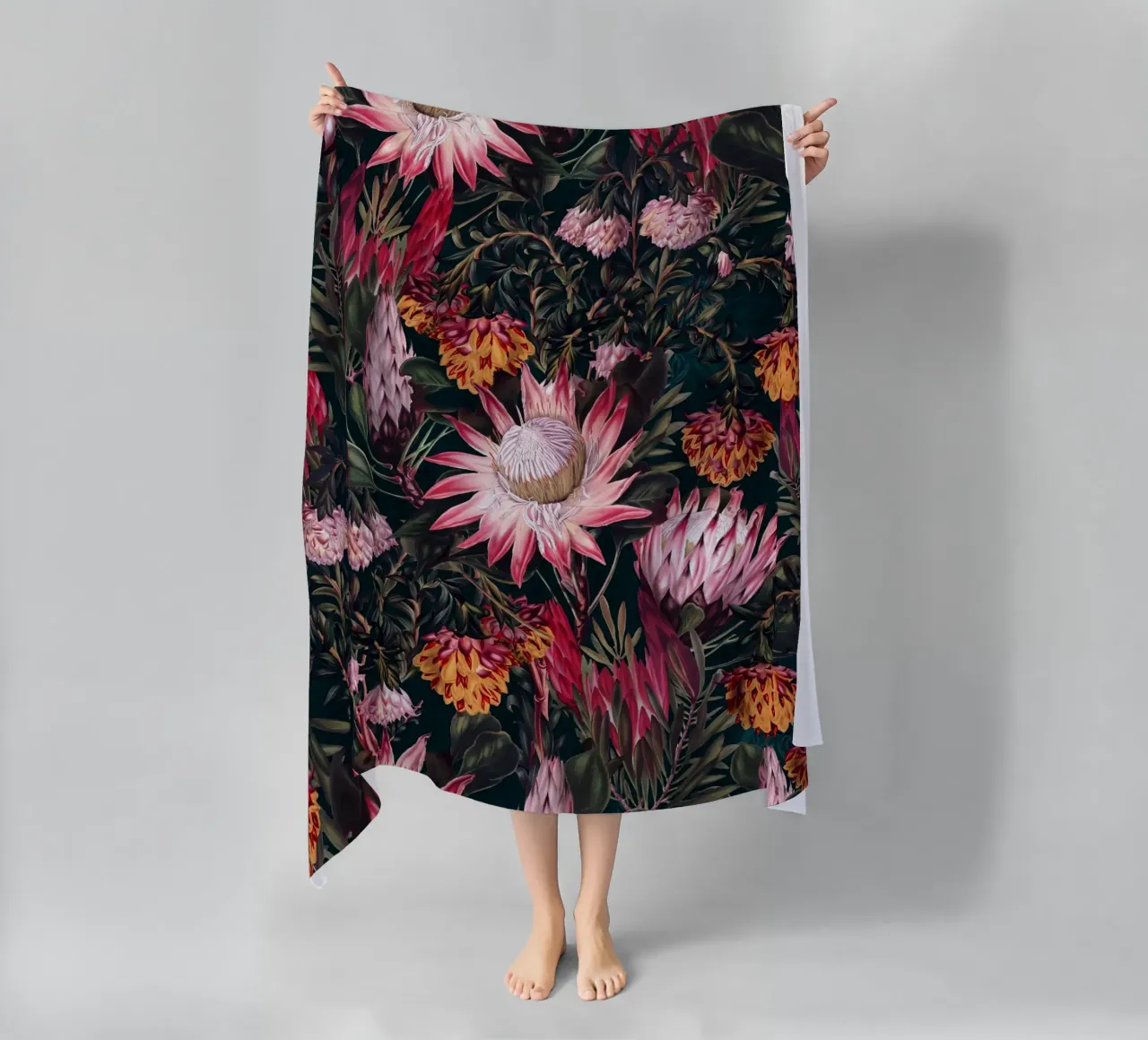 Protea Floral-Night Pattern II beach towel by burcukorkmazyurek