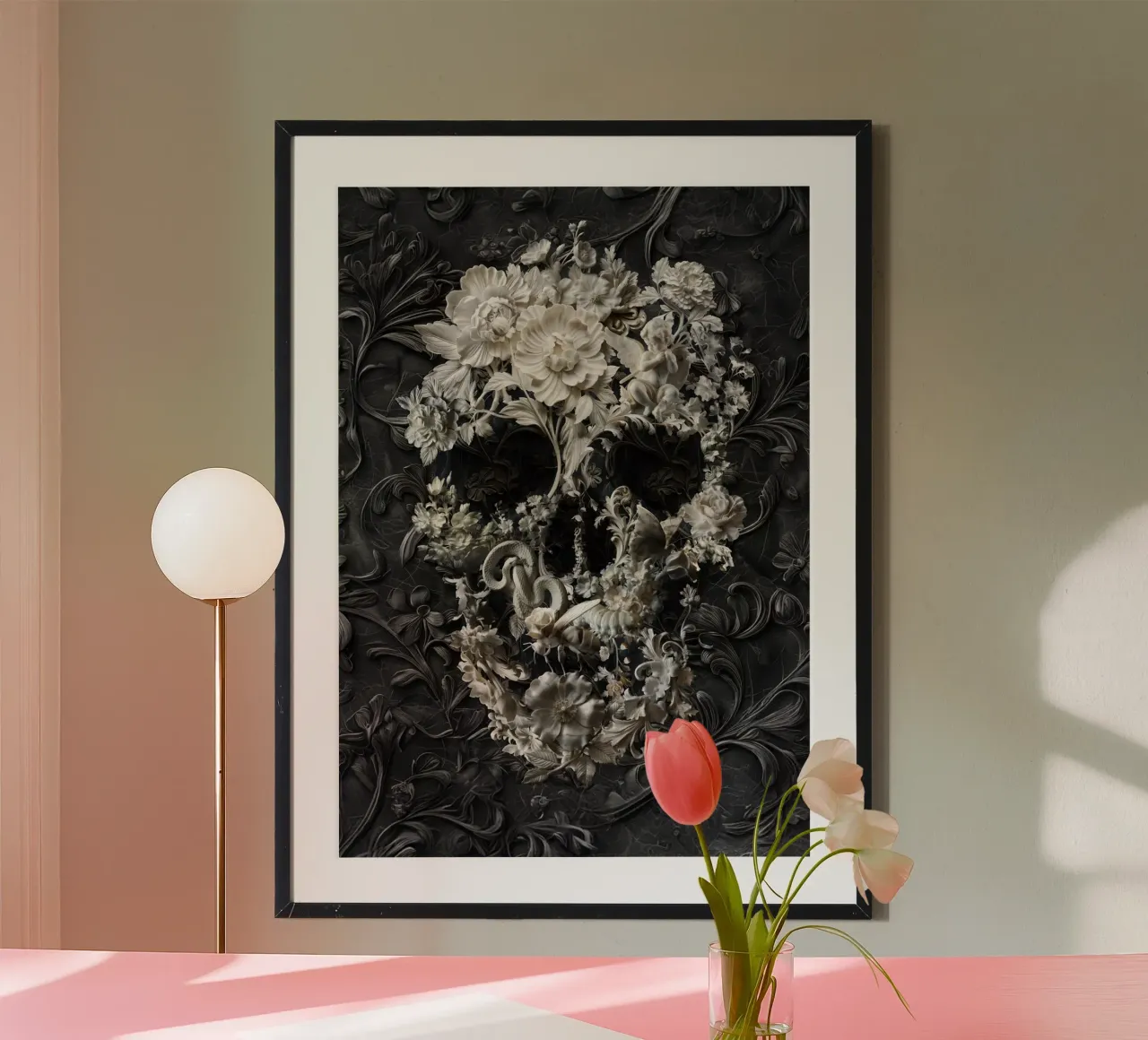 Teschio floreale in marmo poster con telaio in alluminio da Ali Gulec