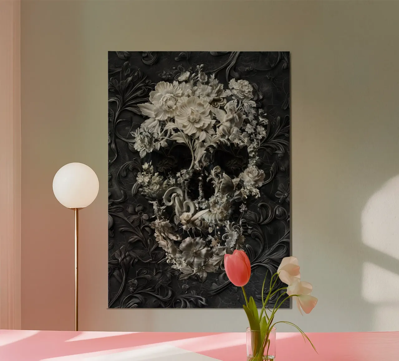 Teschio floreale in marmo poster con telaio in alluminio da Ali Gulec
