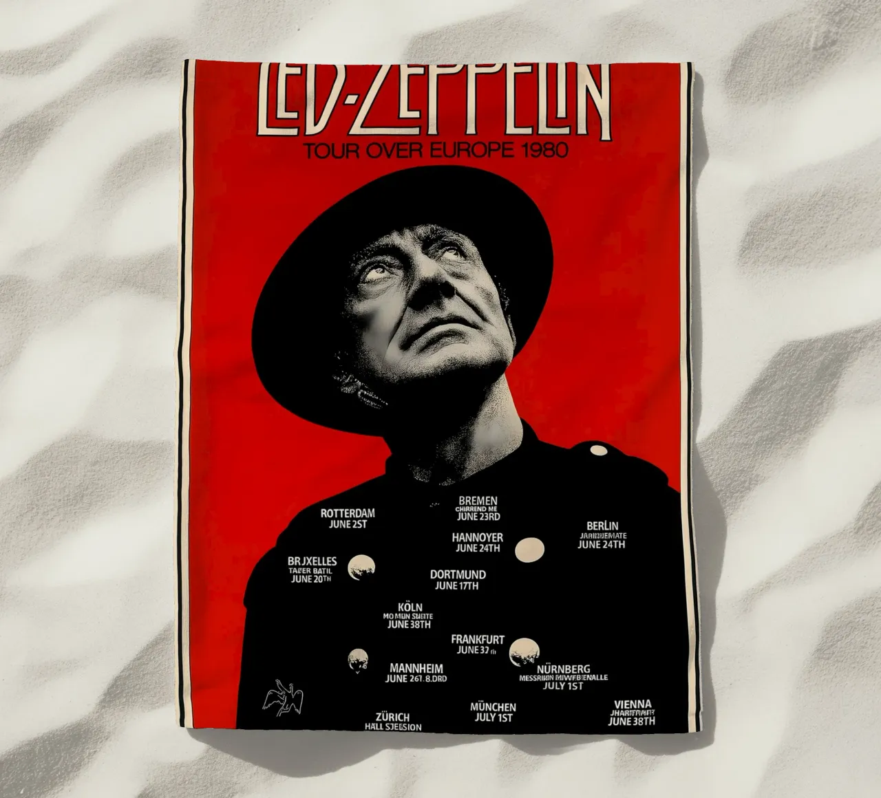 led zeppelin tour over europe 1980 poster beach towel by DGUnder