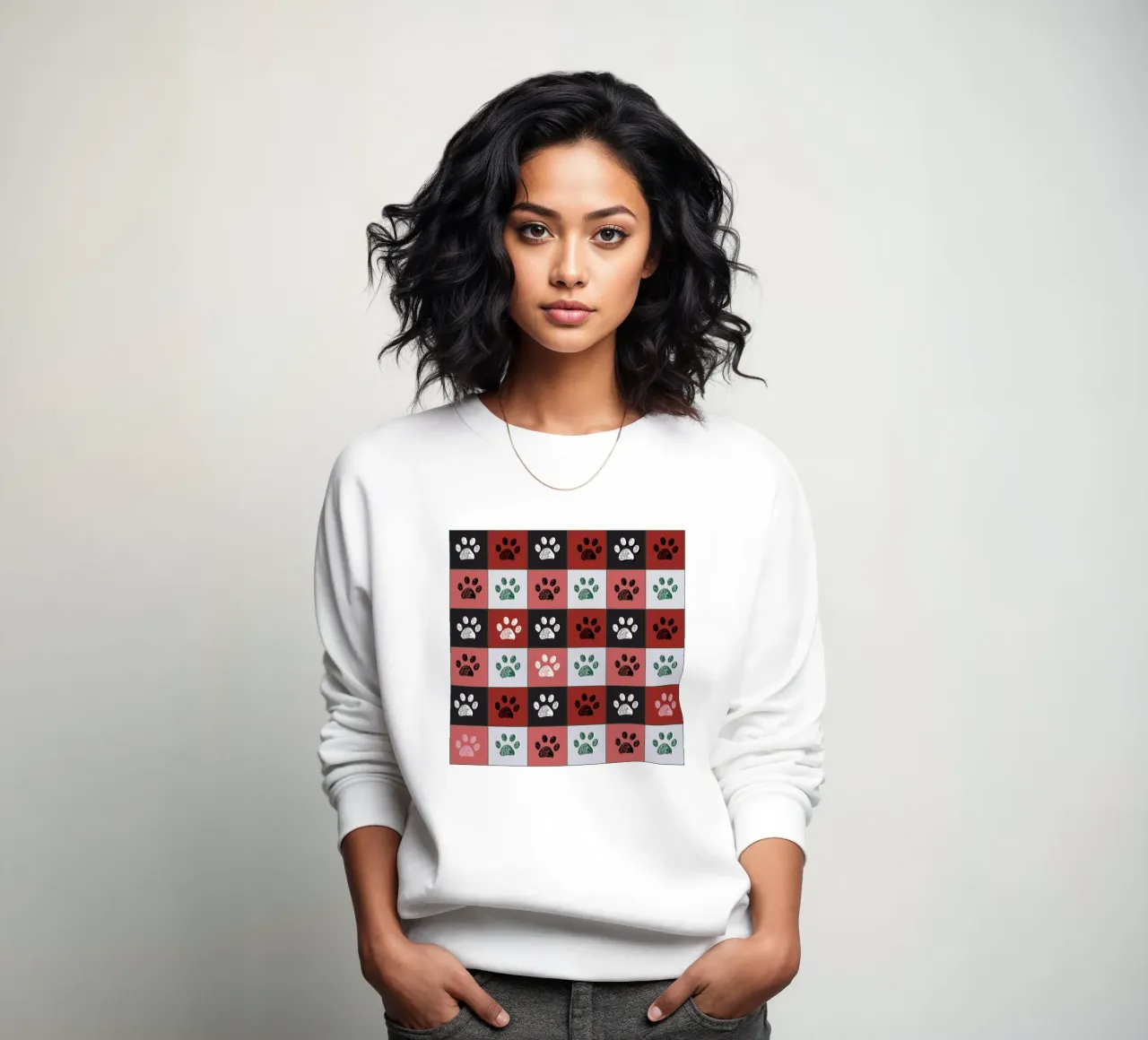Plaid pattern Christmas design with paw prints sweatshirt by gulsengunel