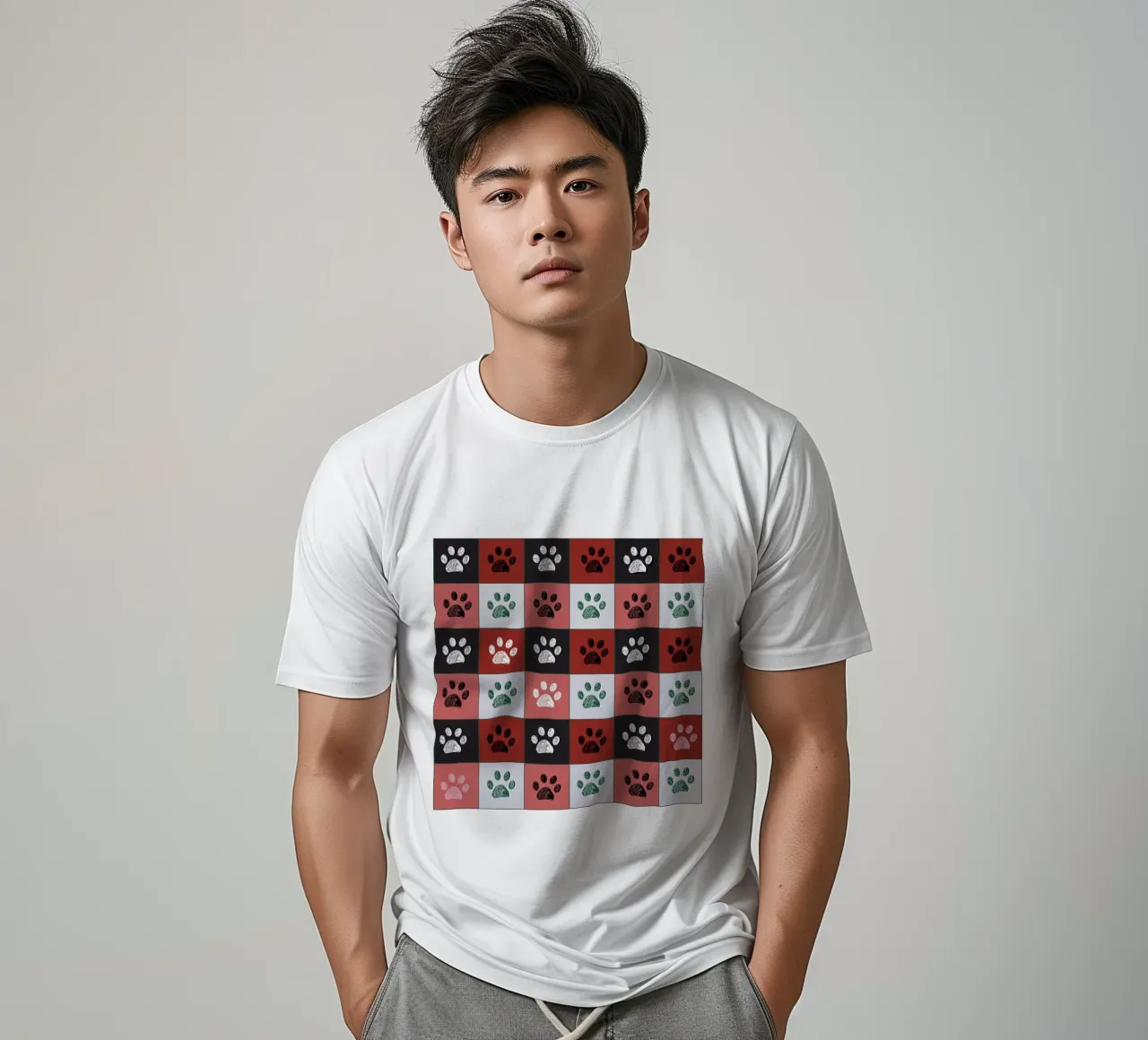 Plaid pattern Christmas design with paw prints t-shirt by gulsengunel
