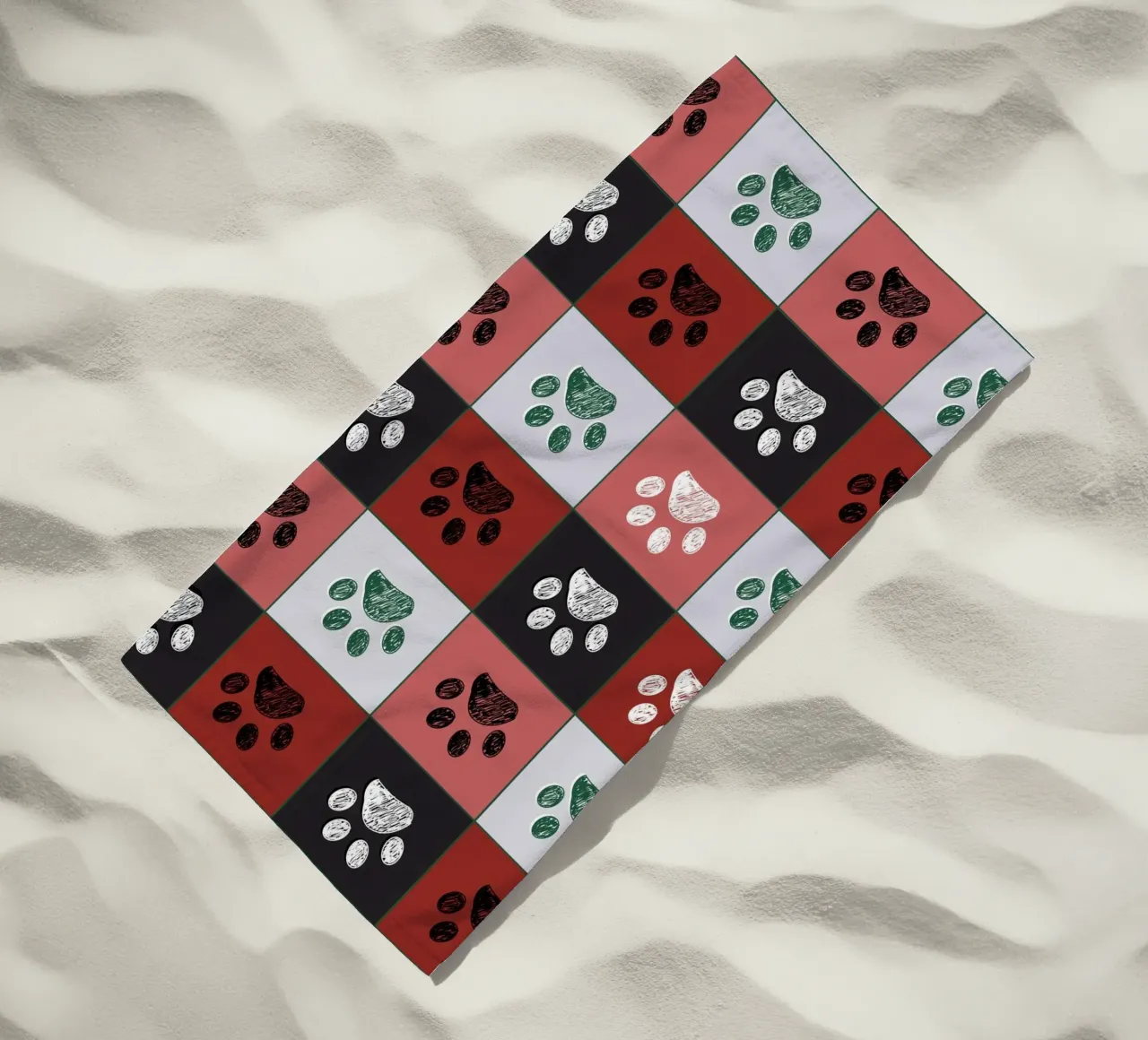 Plaid pattern Christmas design with paw prints beach towel by gulsengunel