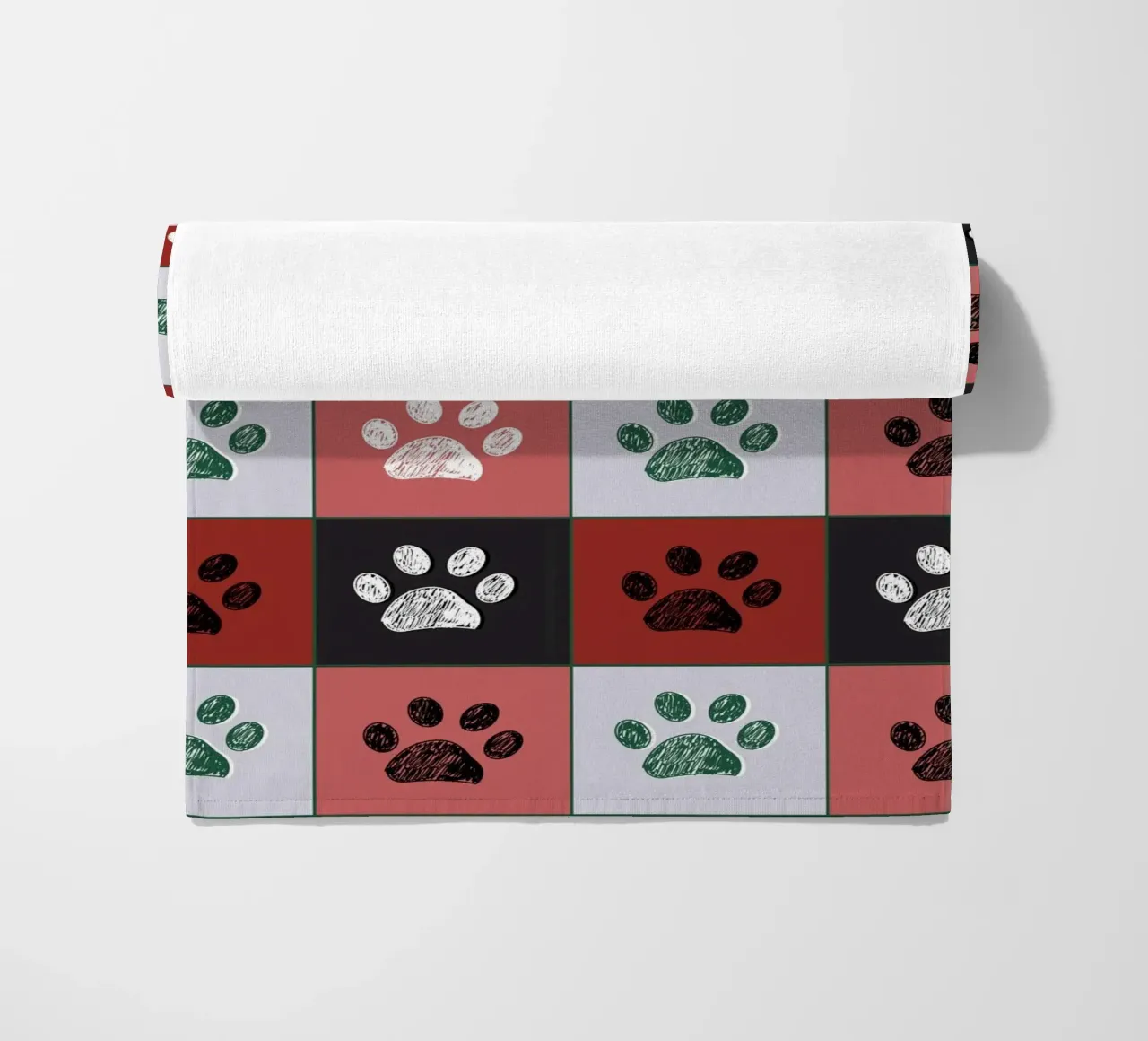 Plaid pattern Christmas design with paw prints beach towel by gulsengunel