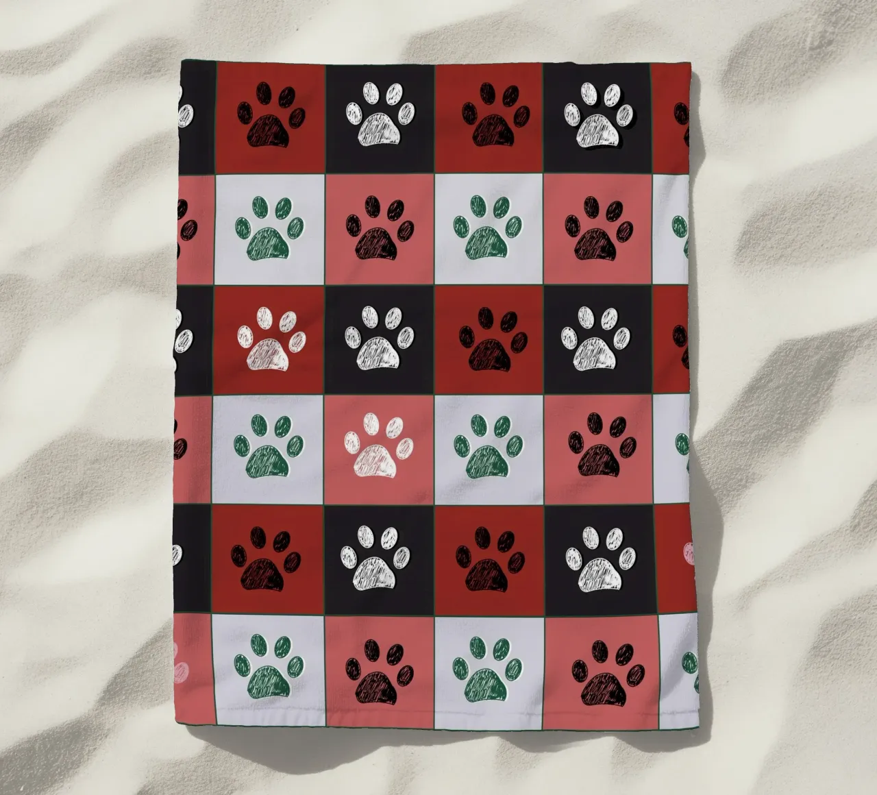 Plaid pattern Christmas design with paw prints beach towel by gulsengunel
