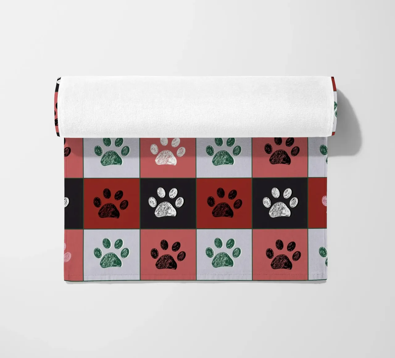Plaid pattern Christmas design with paw prints beach towel by gulsengunel