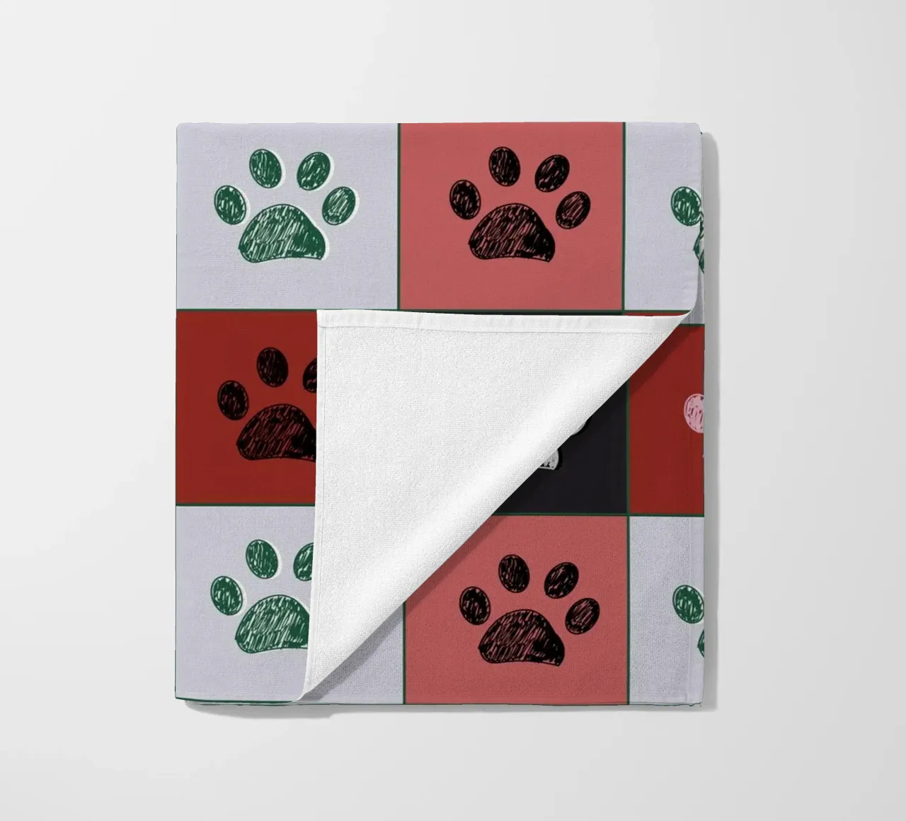 Plaid pattern Christmas design with paw prints beach towel by gulsengunel
