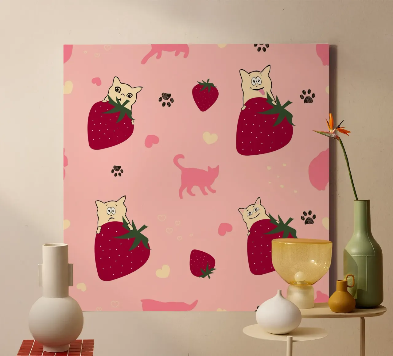 Fragole gatti carini con fragole tela con Cornice a cassetta da gulsengunel