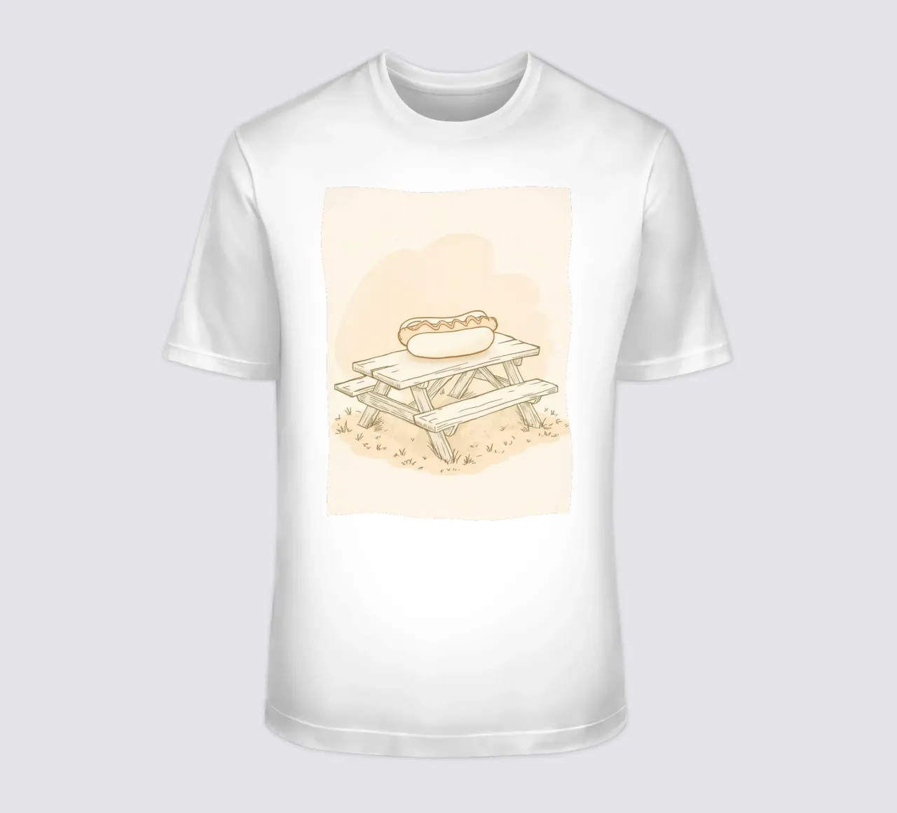 Perrito caliente descansando sobre una mesa de picnic de madera en un campo cubierto de hierba camiseta de DesignDoodle