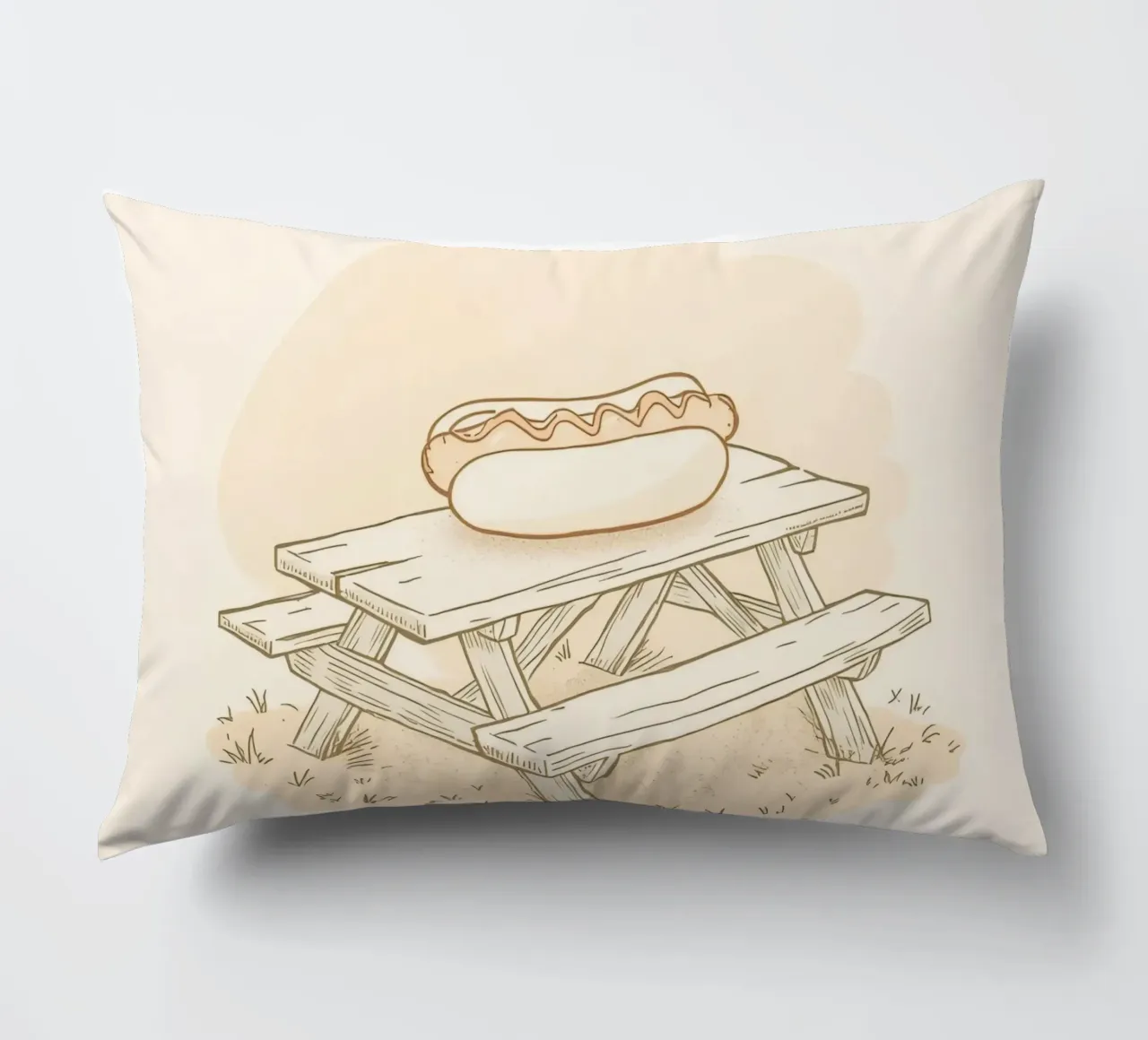 Perrito caliente descansando sobre una mesa de picnic de madera en un campo cubierto de hierba cojín de DesignDoodle