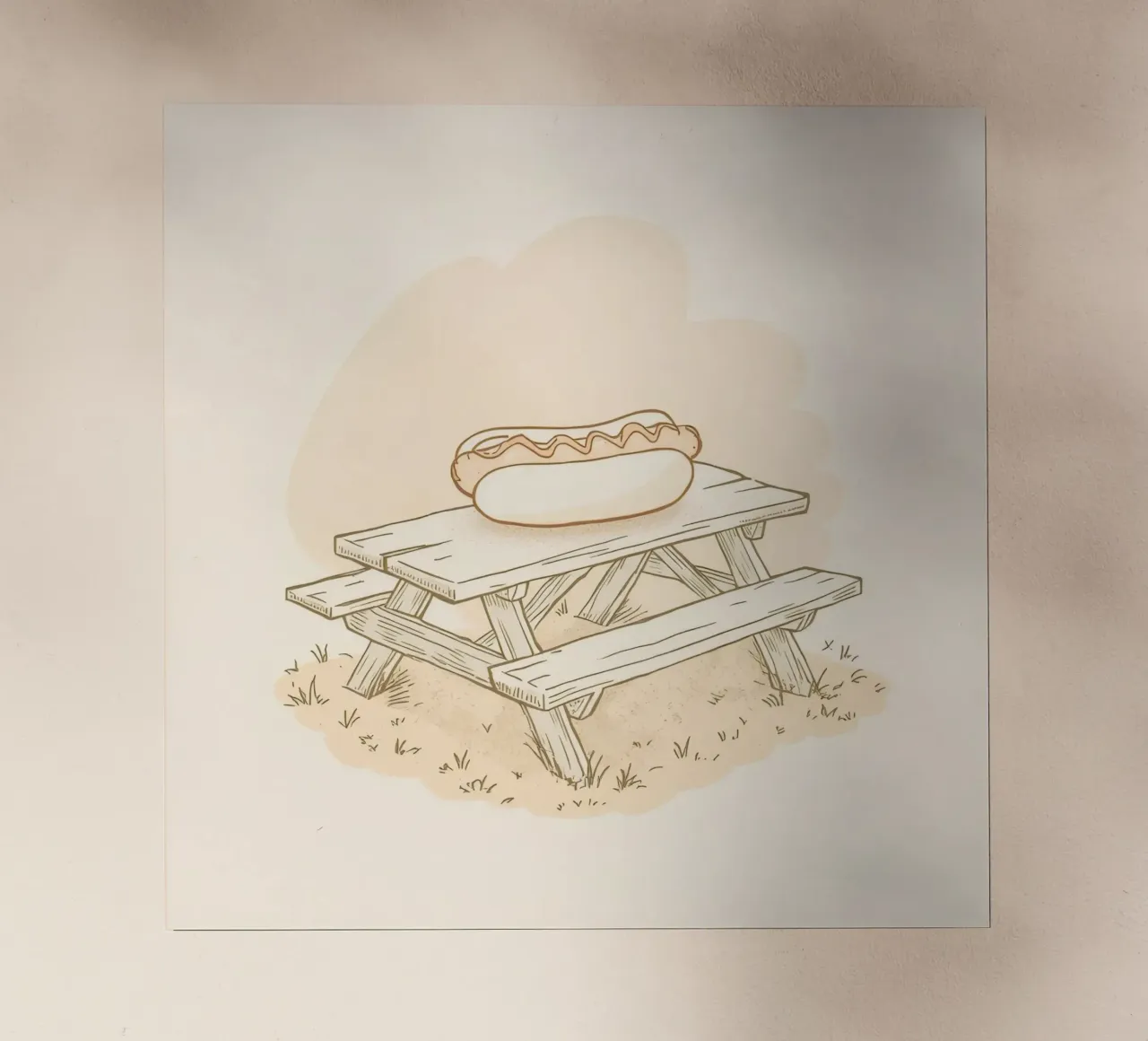 Perrito caliente descansando sobre una mesa de picnic de madera en un campo cubierto de hierba lámina retroiluminada de DesignDoodle