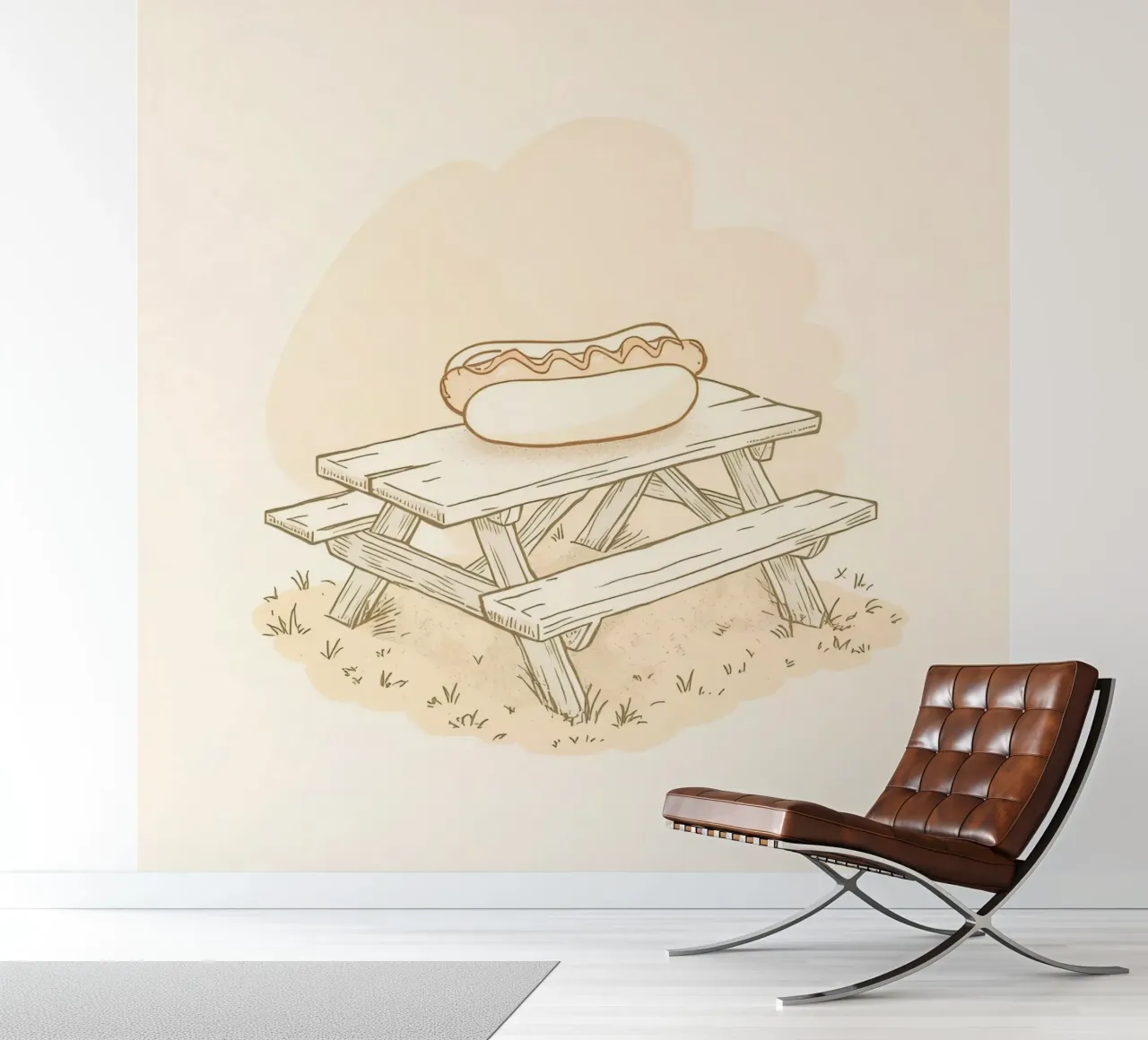 Perrito caliente descansando sobre una mesa de picnic de madera en un campo cubierto de hierba papel para pared de DesignDoodle