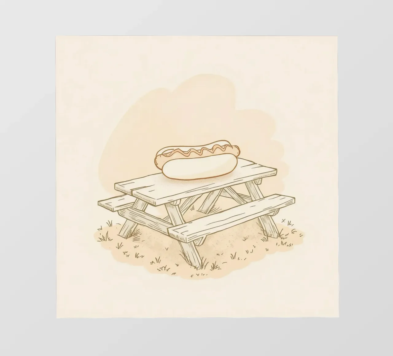 Perrito caliente descansando sobre una mesa de picnic de madera en un campo cubierto de hierba papel para pared de DesignDoodle