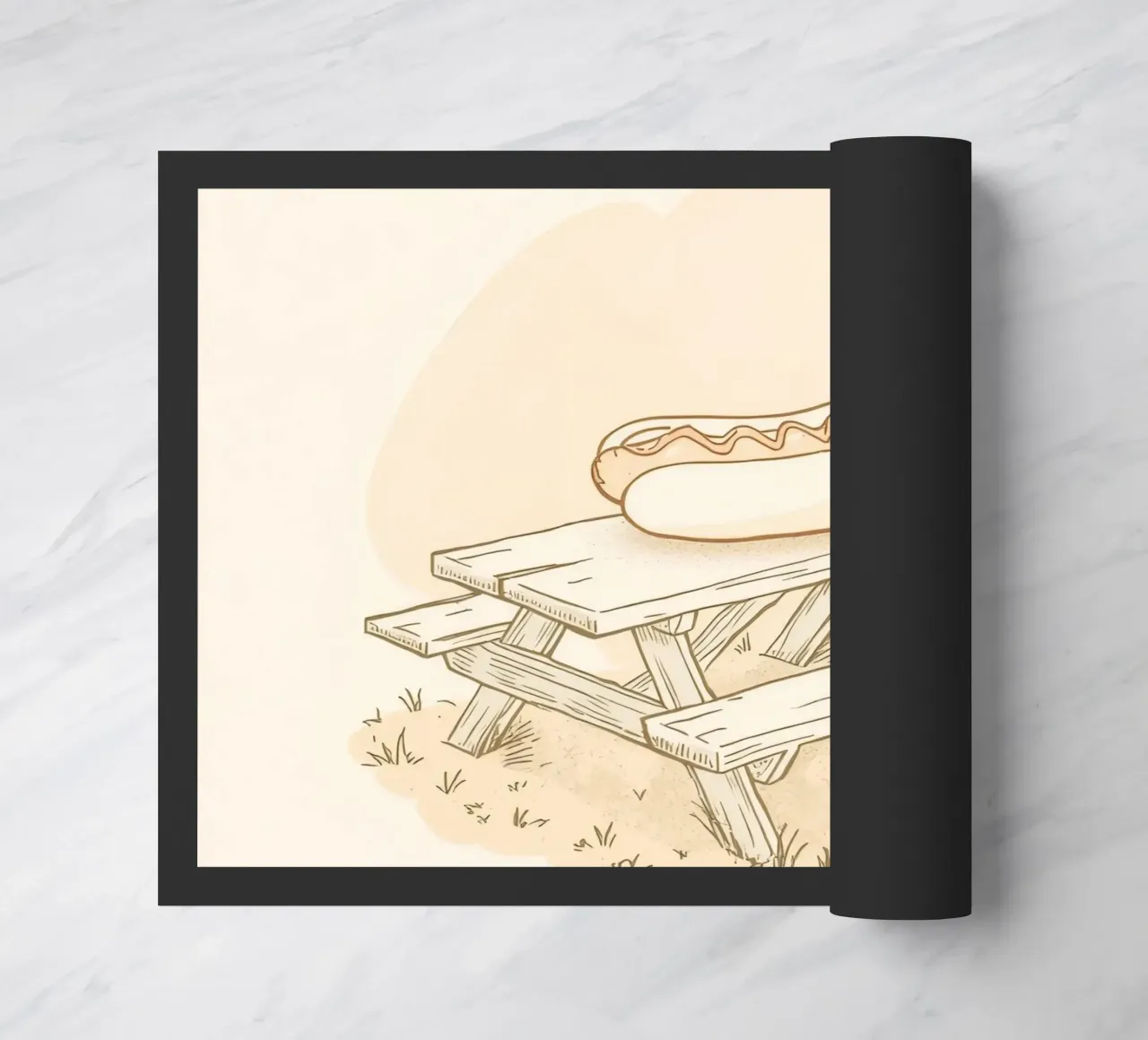 Perrito caliente descansando sobre una mesa de picnic de madera en un campo cubierto de hierba felpudo de DesignDoodle
