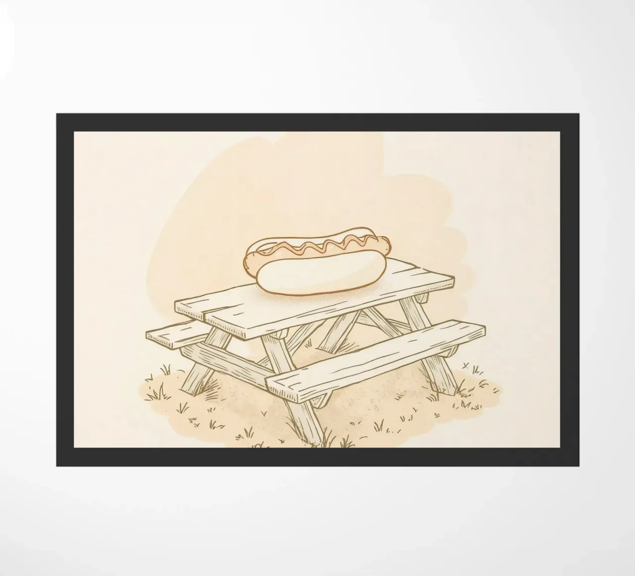 Perrito caliente descansando sobre una mesa de picnic de madera en un campo cubierto de hierba felpudo de DesignDoodle