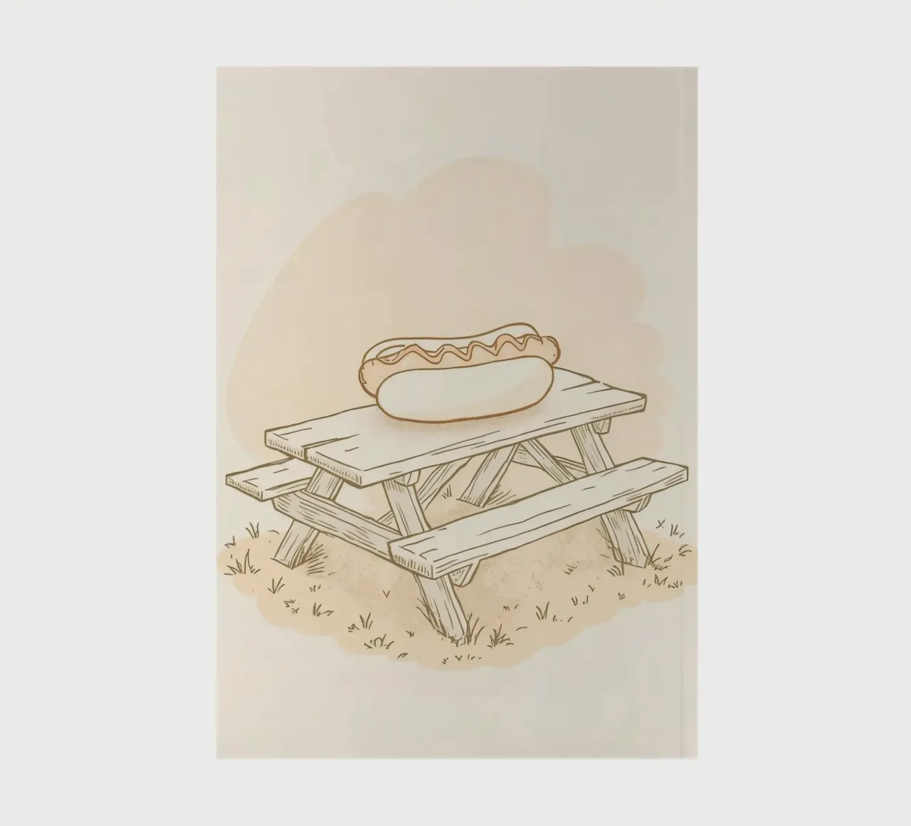 Hot dog resting on a wooden picnic table in a grassy field notebook by DesignDoodle