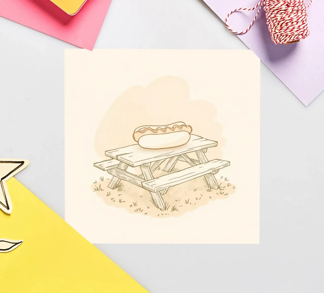 Perrito caliente descansando sobre una mesa de picnic de madera en un campo cubierto de hierba pegatina de DesignDoodle