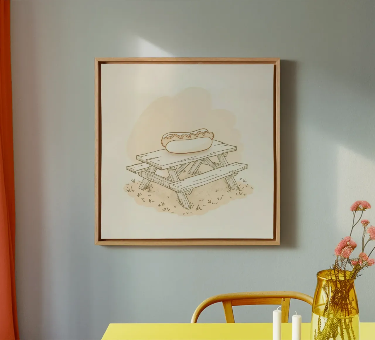 Hot dog resting on a wooden picnic table in a grassy field canvas by DesignDoodle