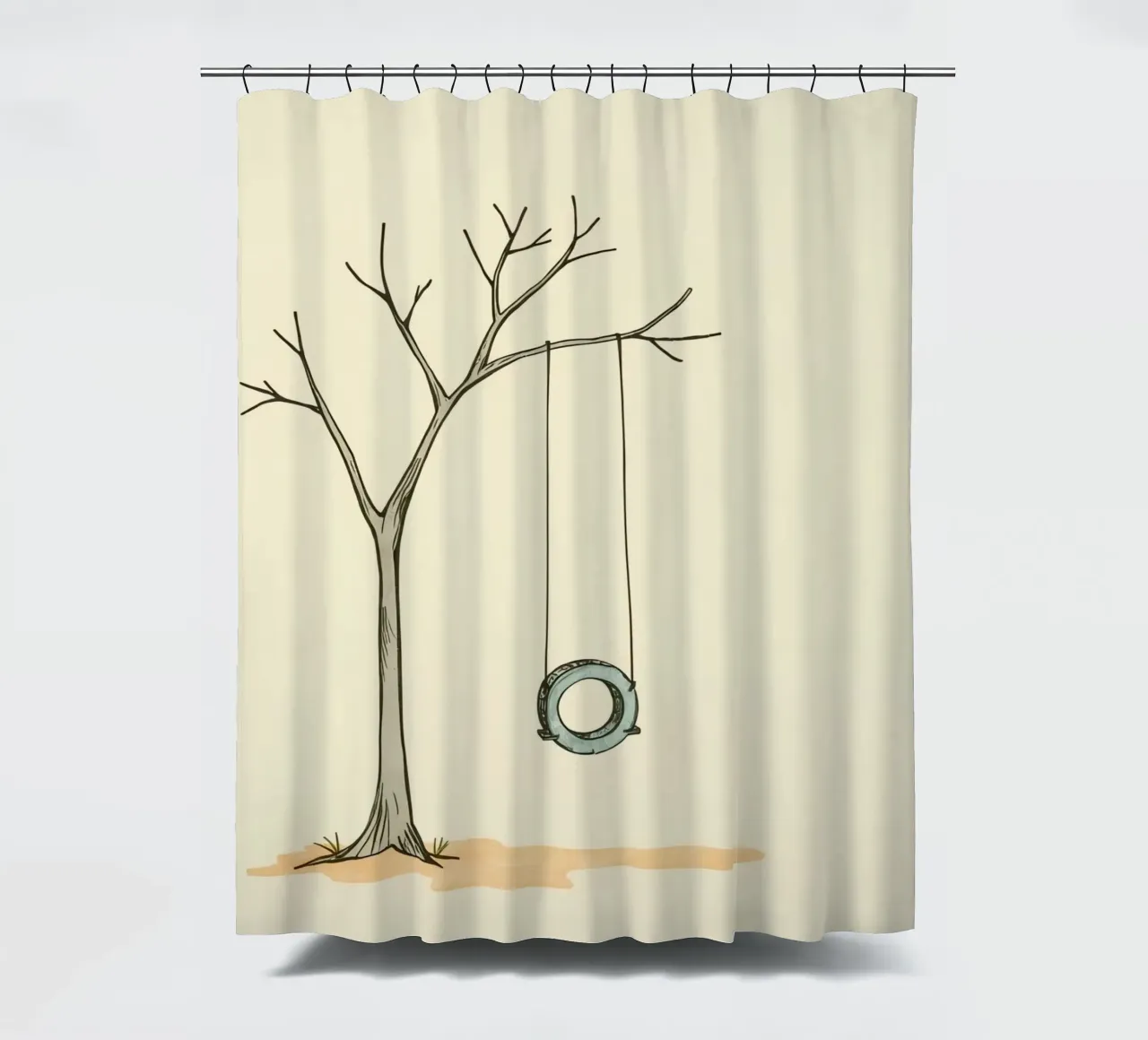Altalena per pneumatici appesa a un albero spoglio in un ambiente minimalista. tenda da doccia da DesignDoodle