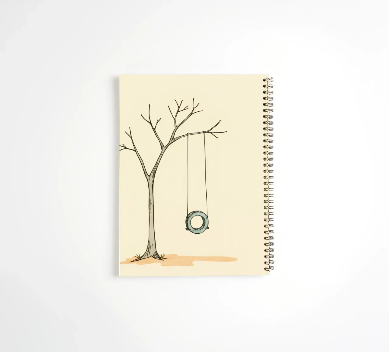 Altalena per pneumatici appesa a un albero spoglio in un ambiente minimalista. diario ad anelli da DesignDoodle