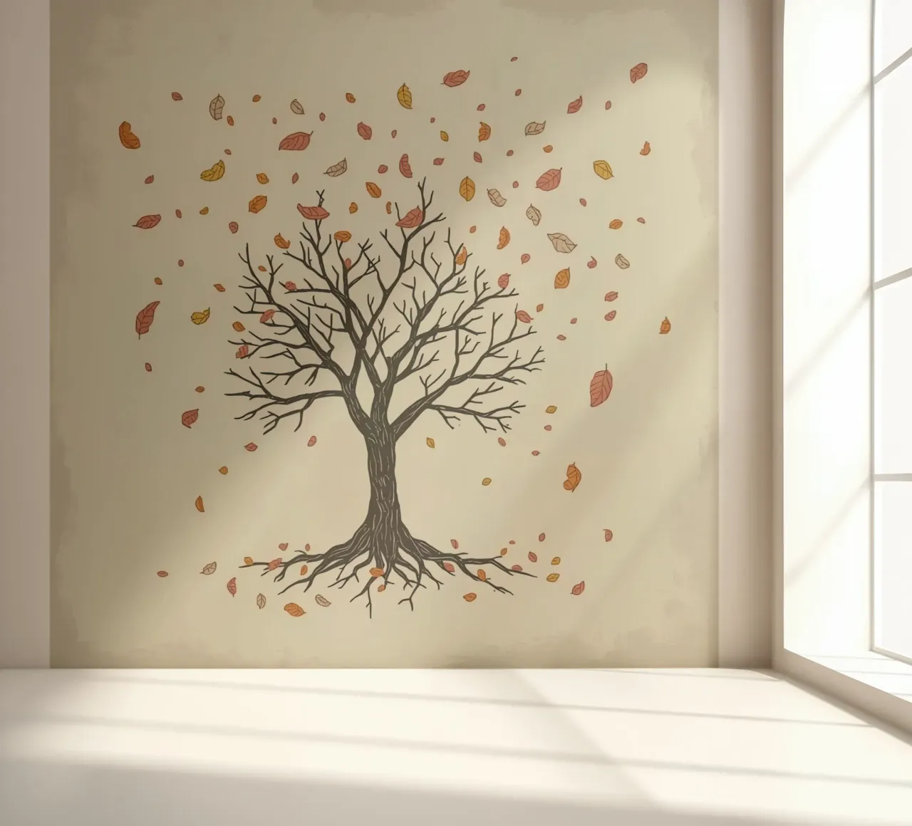 Un albero autunnale con foglie cadenti cattura le transizioni stagionali carta da parati fotografica da DesignDoodle