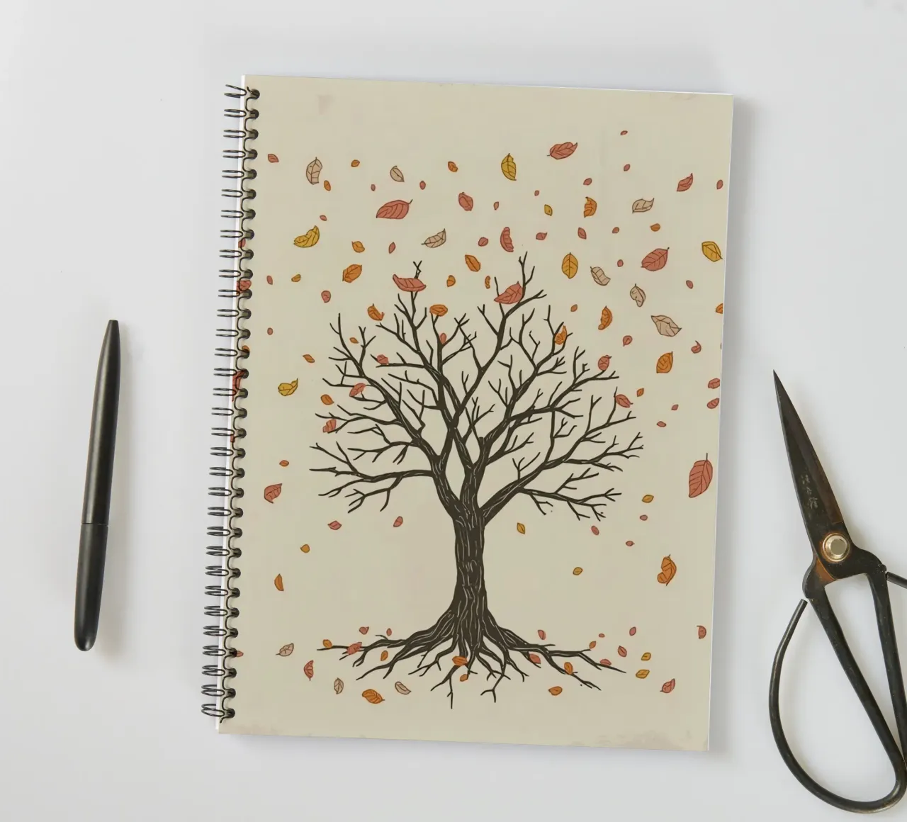 Autumn tree with falling leaves captures season transitions spiral notebook by DesignDoodle