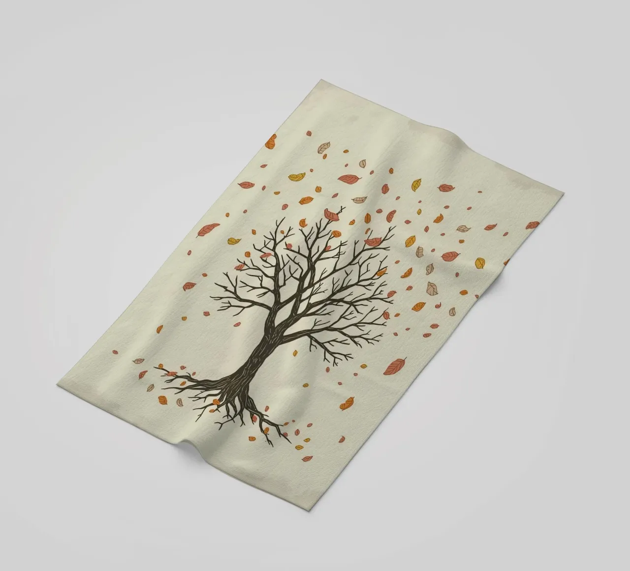 Un albero autunnale con foglie cadenti cattura le transizioni stagionali telo mare da DesignDoodle