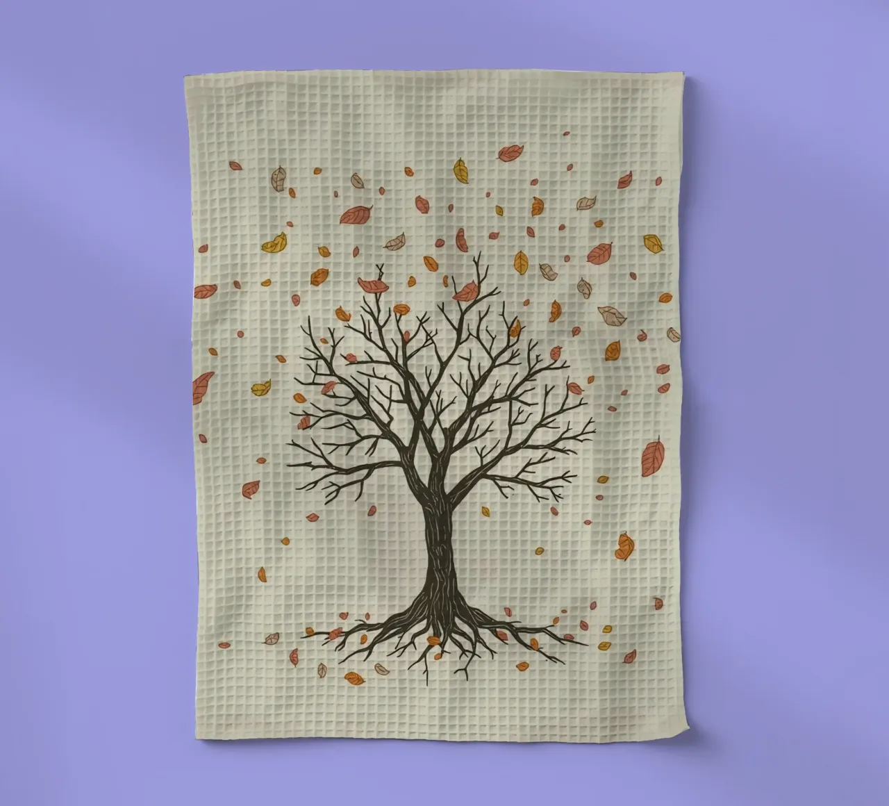 Un albero autunnale con foglie cadenti cattura le transizioni stagionali canovaccio da cucina da DesignDoodle