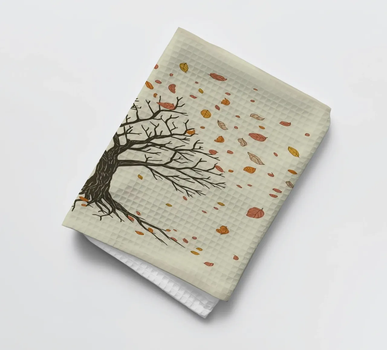 Un albero autunnale con foglie cadenti cattura le transizioni stagionali canovaccio da cucina da DesignDoodle