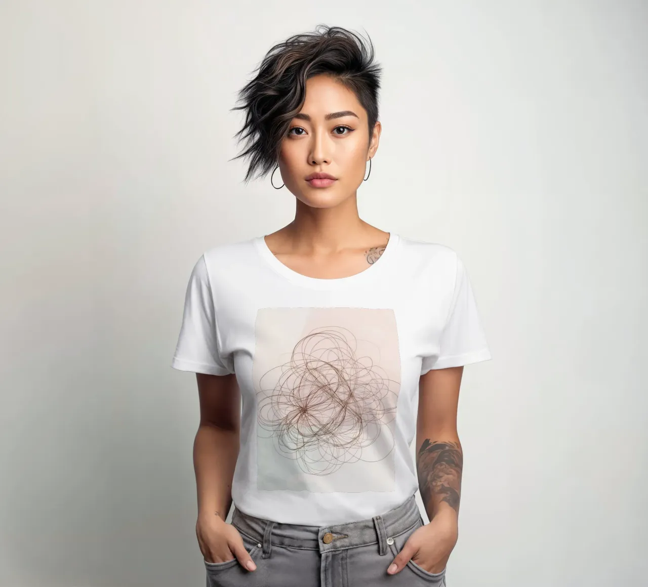 Abstract swirl of lines and curves creating a dynamic art women's fitted t-shirt by DesignDoodle