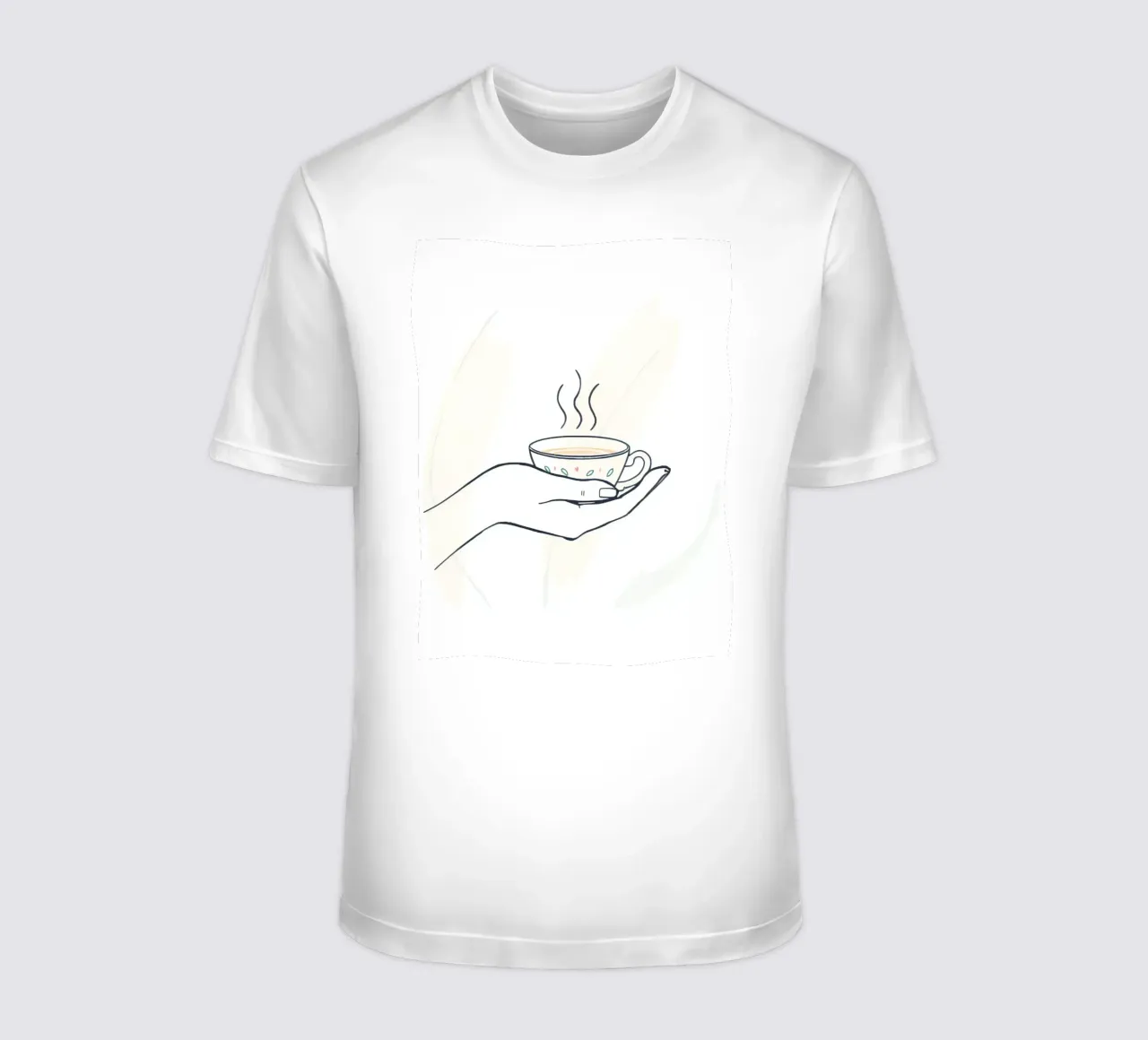 Eine Hand hält eine dampfende Tasse Tee vor einem weichen Hintergrund T-Shirt von DesignDoodle
