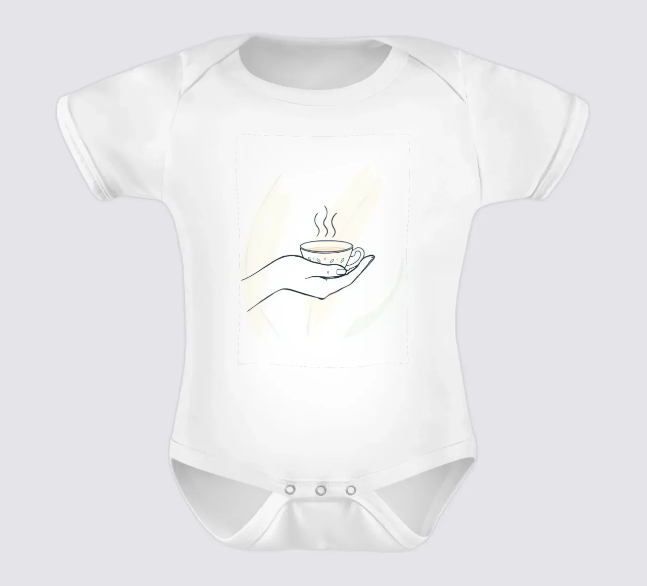 Hand holding a steaming cup of tea against a soft background short-sleeve baby romper by DesignDoodle