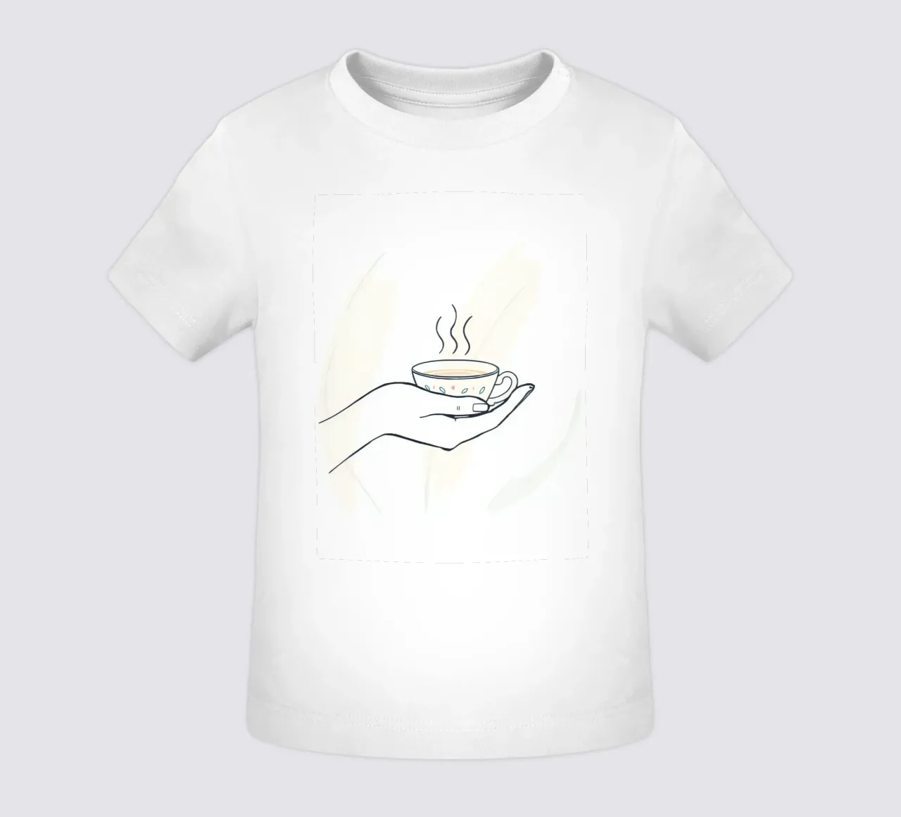 Mano che tiene una tazza di tè fumante su uno sfondo morbido maglietta neonato da DesignDoodle